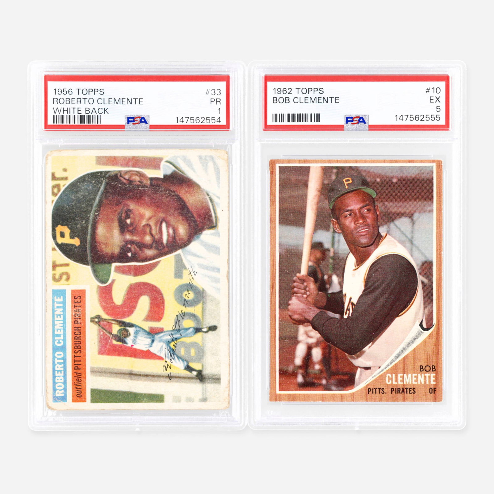 Two 1956 Topps Baseball #33 and 1962 Topps Baseball #10 Roberto Clemente PSA Card Group (1 of 2)