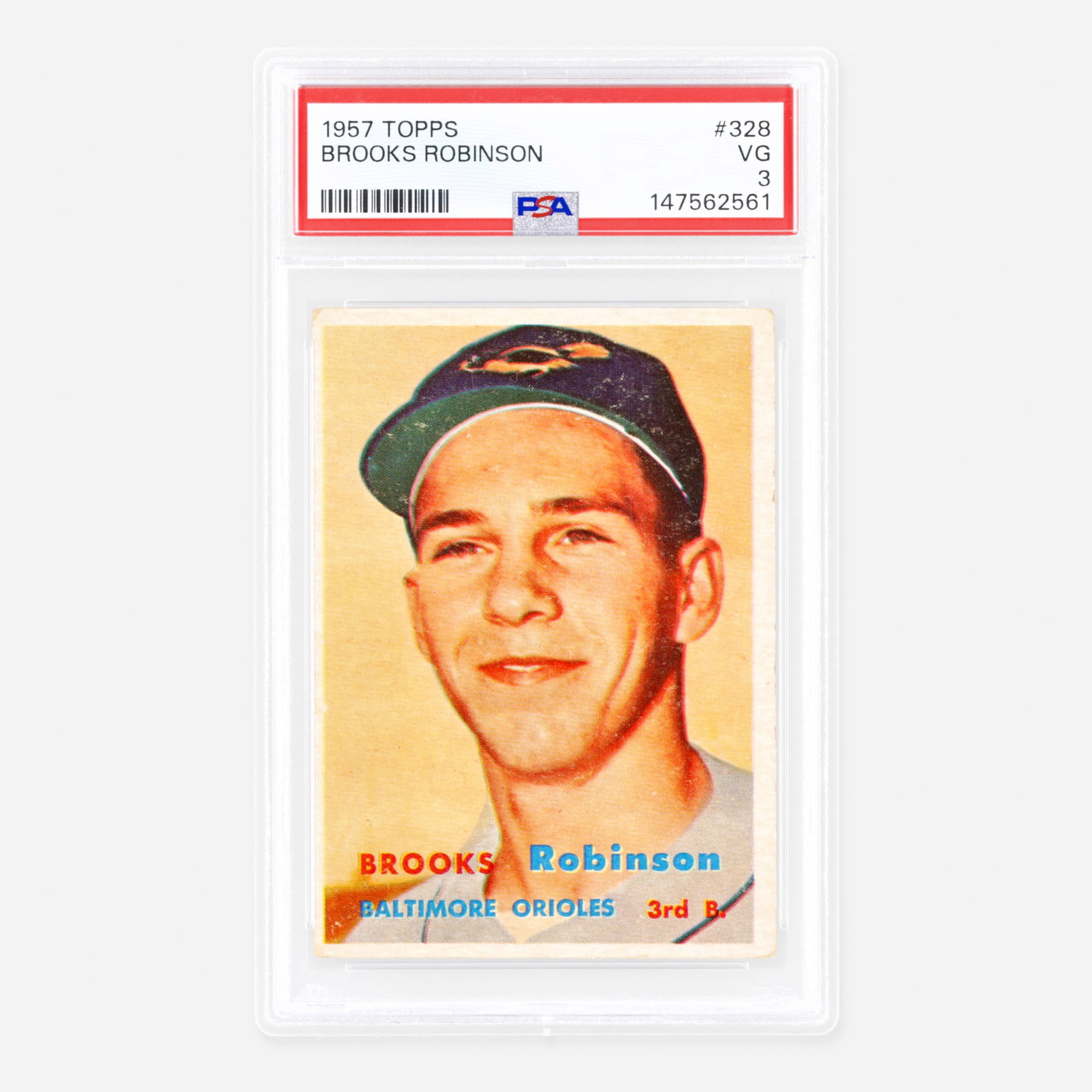 1957 Topps Baseball #328 Brooks Robinson Rookie PSA 3: 1957 Topps Baseball #328 Brooks Robinson Rookie PSA 3 USA, 1957 PSA#: 147562561 view cert