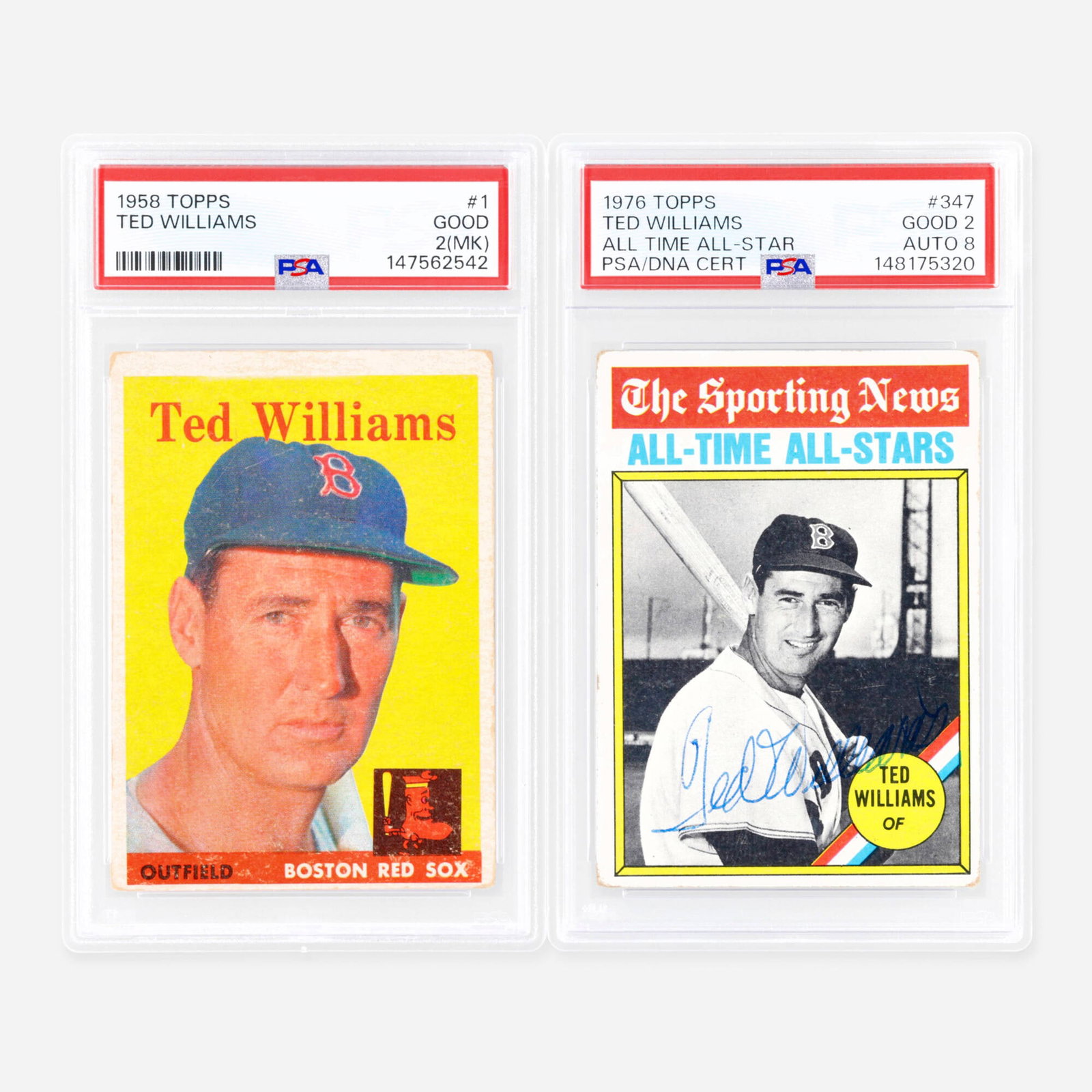 Two 1958 Topps Baseball #1 and 1976 Topps Baseball #347 Ted Williams PSA 2 Card Group (1 of 2)