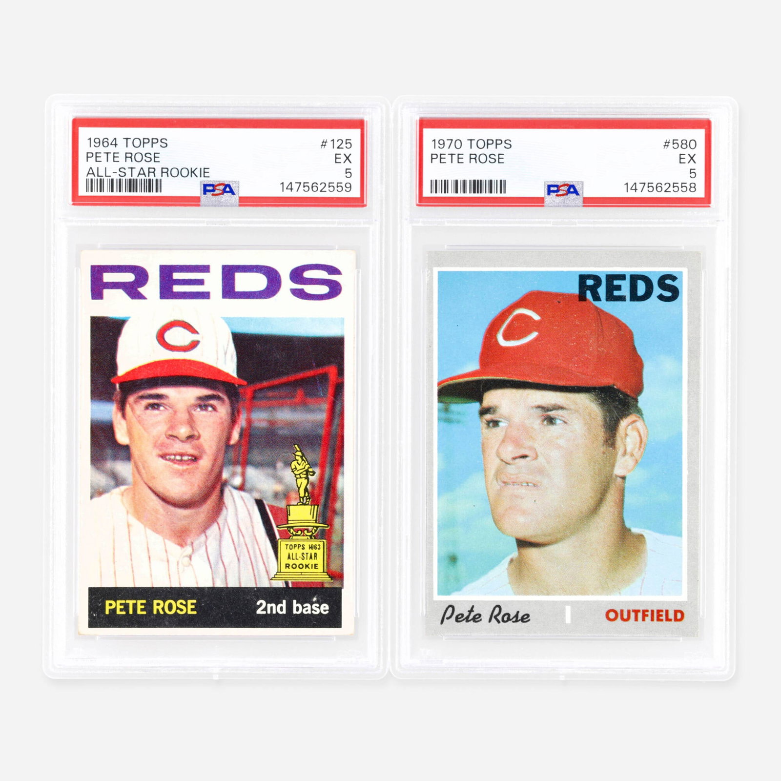 Two 1964 Topps Baseball #125 and 1970 Topps Baseball #580 Pete Rose PSA 5 Card Group (1 of 2)