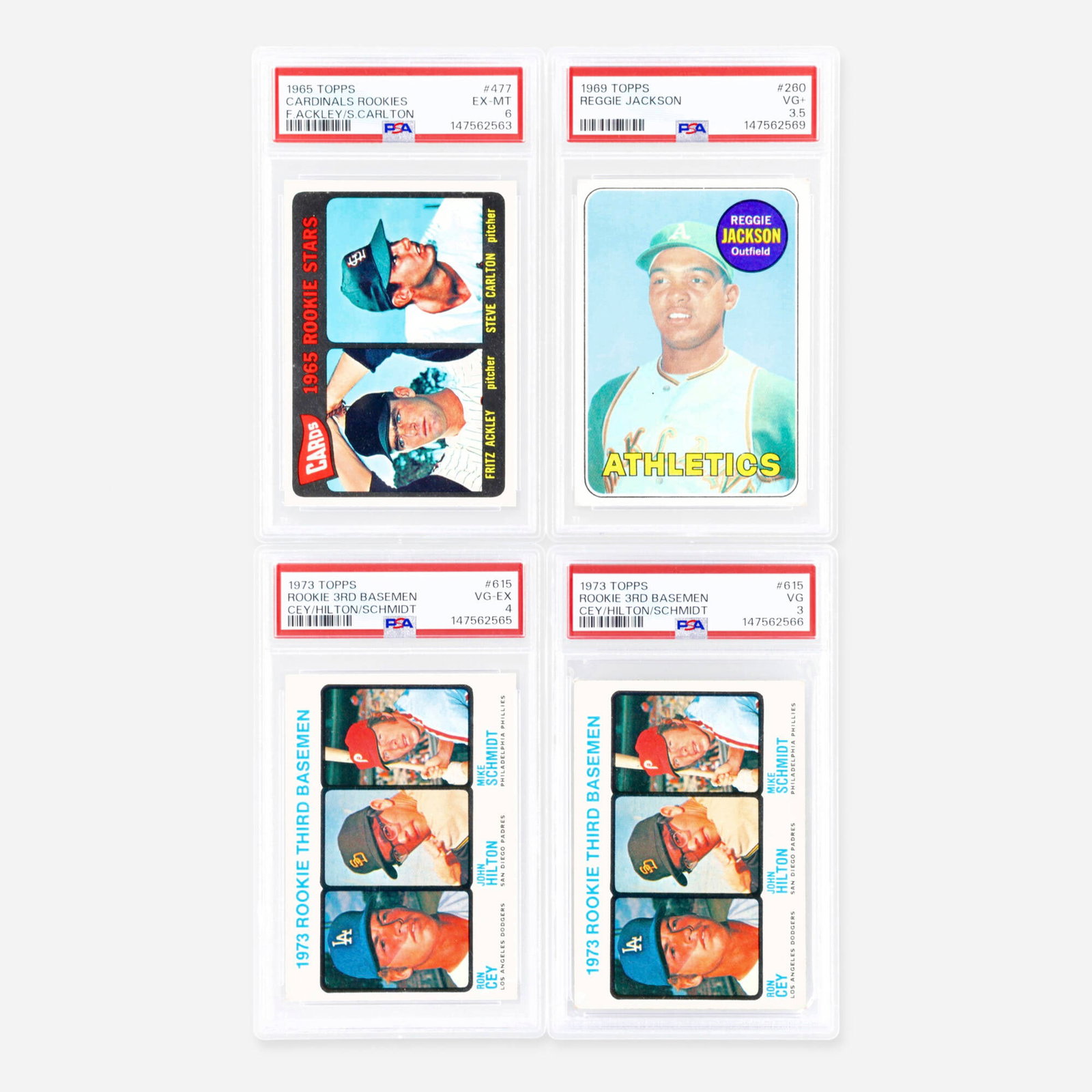 Four 1965-1973 Topps Baseball Rookie PSA Card Group: Four 1965-1973 Topps Baseball Rookie PSA Card Group USA, 1965-1973 1965 Topps Baseball #477 Cardinal Rookies Fritz Ackley/Steve Carlton Rookie PSA 6 PSA#: 147562563