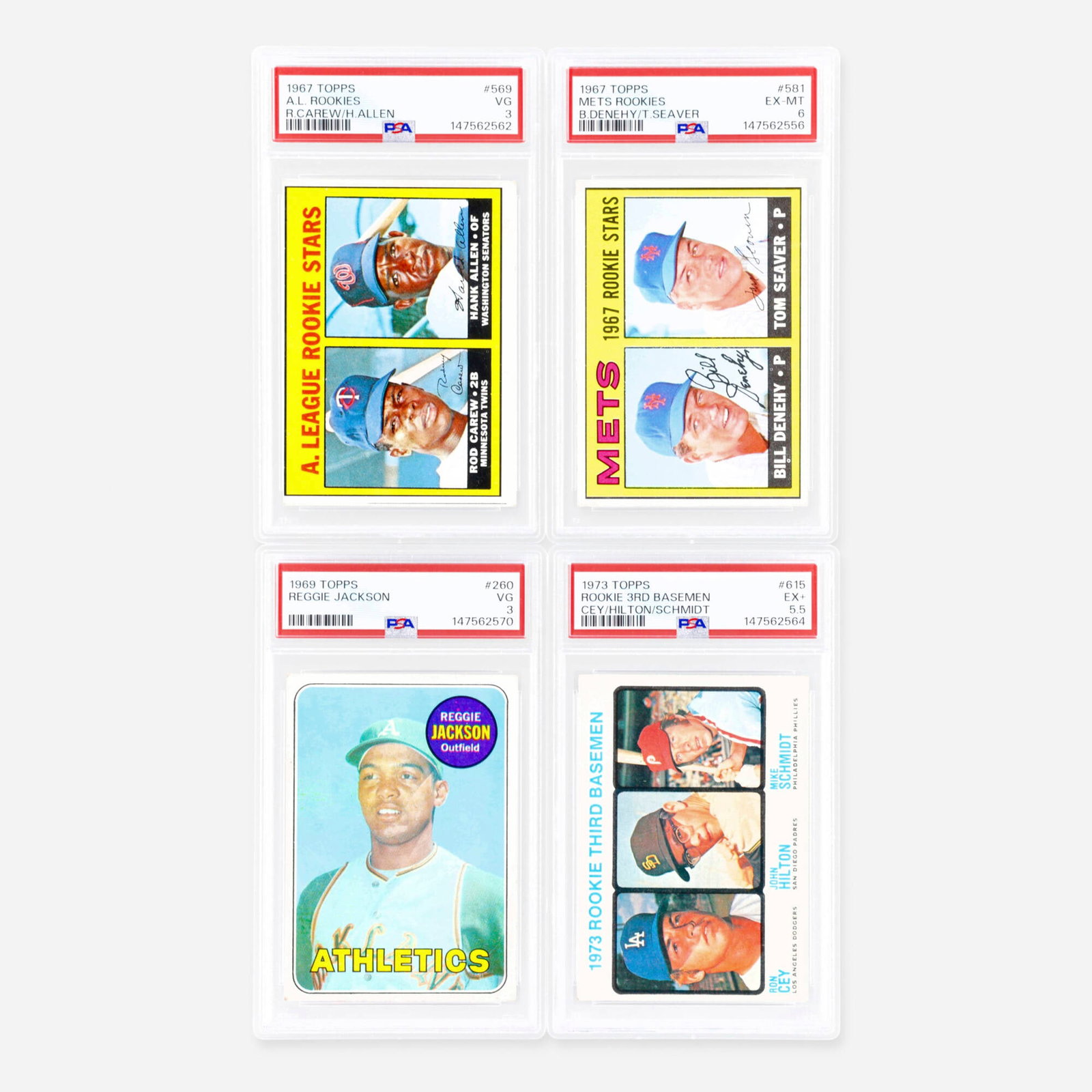 Four 1967-1973 Topps Baseball Rookie PSA Card Group: Four 1967-1973 Topps Baseball Rookie PSA Card Group USA, 1967-1973 1967 Topps Baseball #569 A.L. Rookies Rod Carew/Hank Allen Rookie PSA 3 PSA#: 147562562