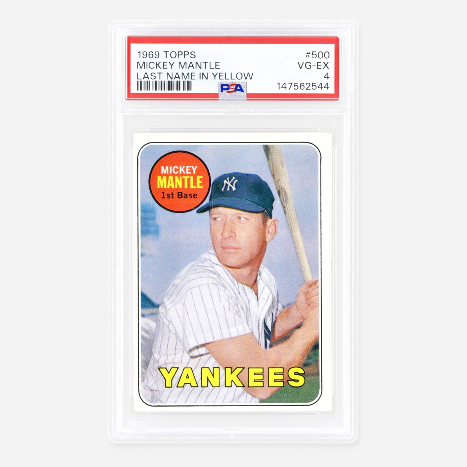 1969 Topps Baseball #500 Mickey Mantle Last Name in Yellow PSA 4: 1969 Topps Baseball #500 Mickey Mantle Last Name in Yellow PSA 4 USA, 1969 PSA#: 147562544