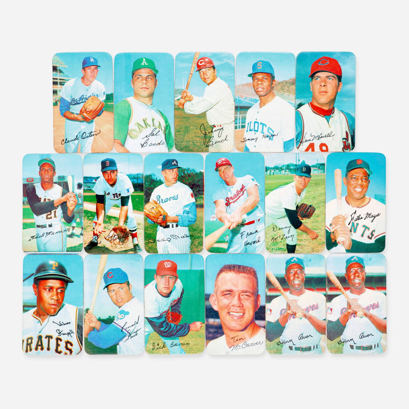 33 1970 Topps Super Baseball Card Group: 33 1970 Topps Super Baseball Card Group USA, 1970 Near complete set featuring: #8 Johnny Bench, #12 Roberto Clemente, #15 Phil Neikro, #18 Willie Mays, #19 Willie Stargell, #24 Hank Aaron, #28 Reggie 