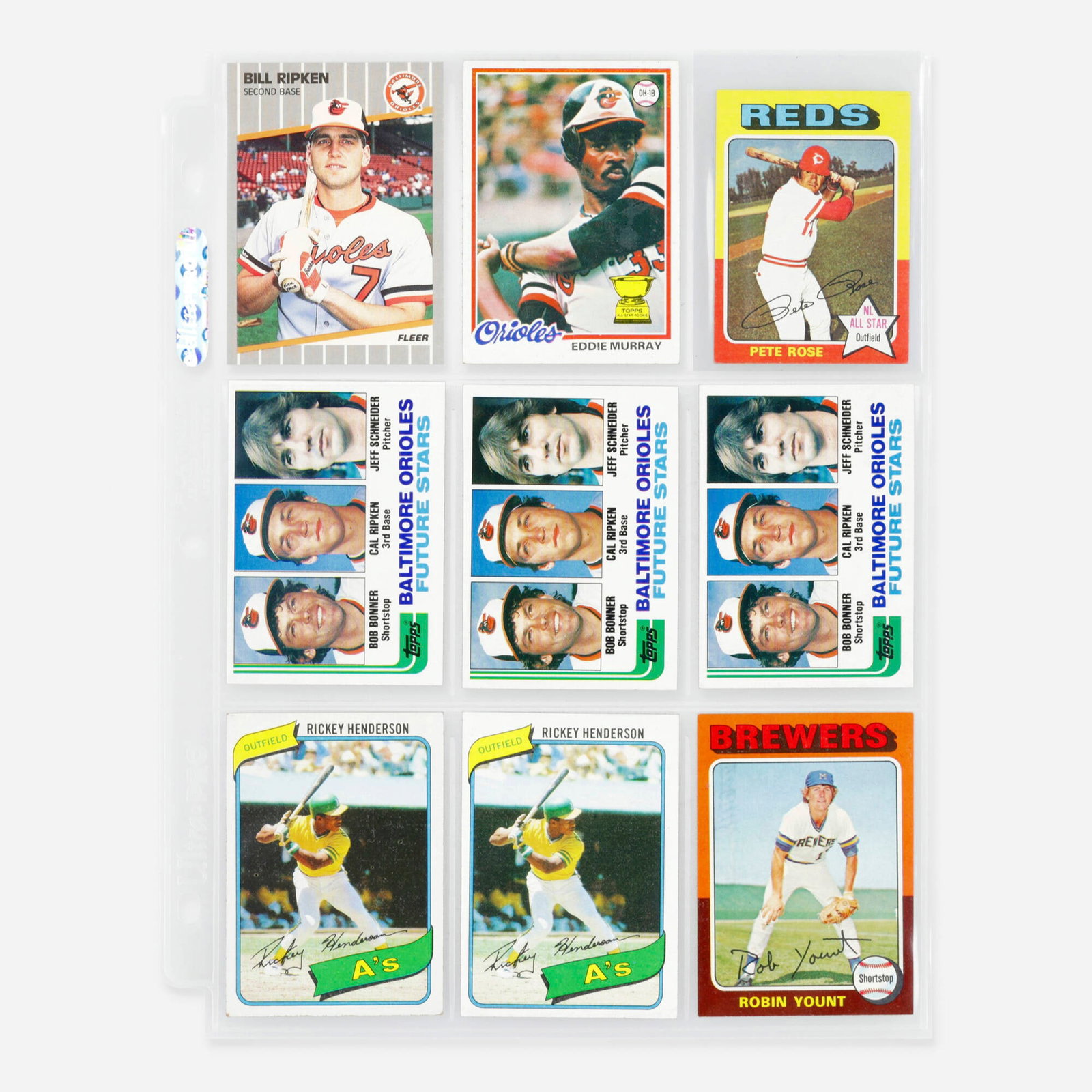 12 1975-1989 Fleer and Topps Baseball Stars Card Group: 12 1975-1989 Fleer and Topps Baseball Stars Card Group USA, 1975-1989 Group includes: 1975 Topps Baseball #223 Robin Yount Rookie (x4), 1975 Topps Mini Baseball #320 Pete Rose, 1978 Topps Baseball #36