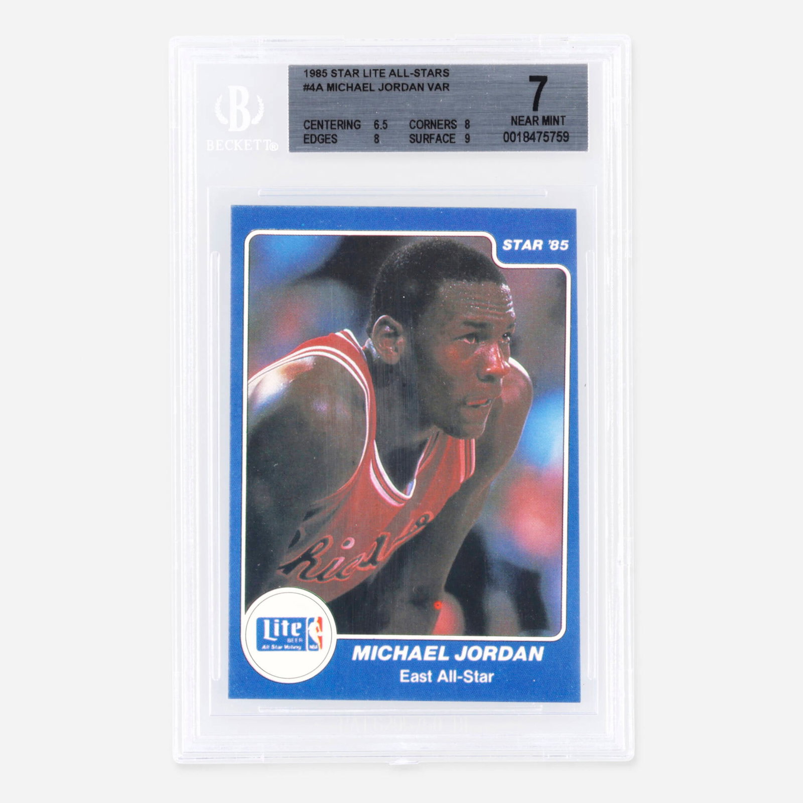 1985 Star Lite All-Stars Basketball #4A Michael Jordan BGS 7: 1985 Star Lite All-Stars Basketball #4A Michael Jordan BGS 7 USA, 1985 Centering: 6.5, Corners: 8.0, Edges: 8.0, Surface: 9.0 BGS#: 0018475759