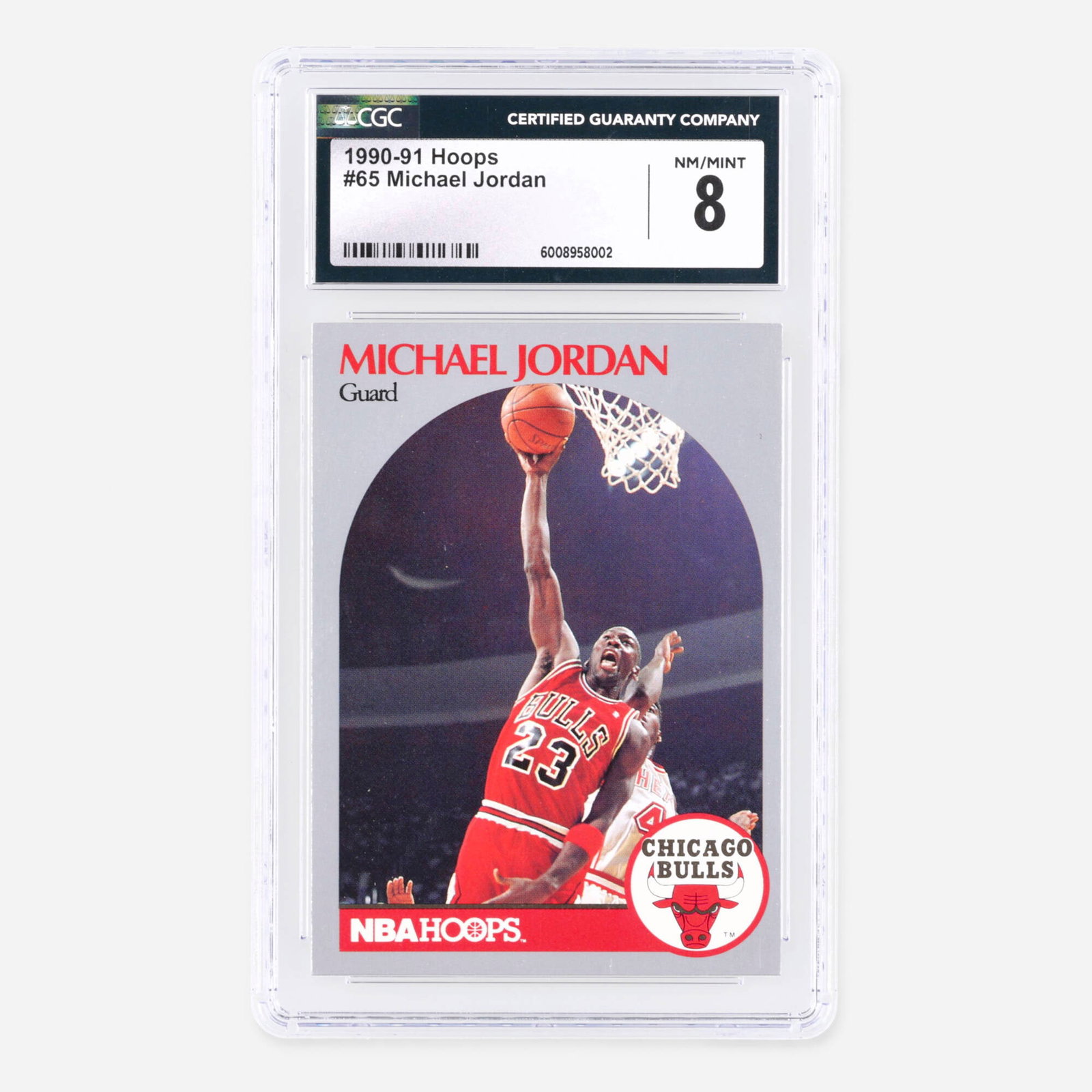 1990-91 Hoops Basketball #65 Michael Jordan CGC 8: 1990-91 Hoops Basketball #65 Michael Jordan CGC 8 USA, 1991 CGC#: 6008958002 Population: 333 In 8, 834 Higher view cgc certificate Condition Notes:?Case in good condition. This work will ship from