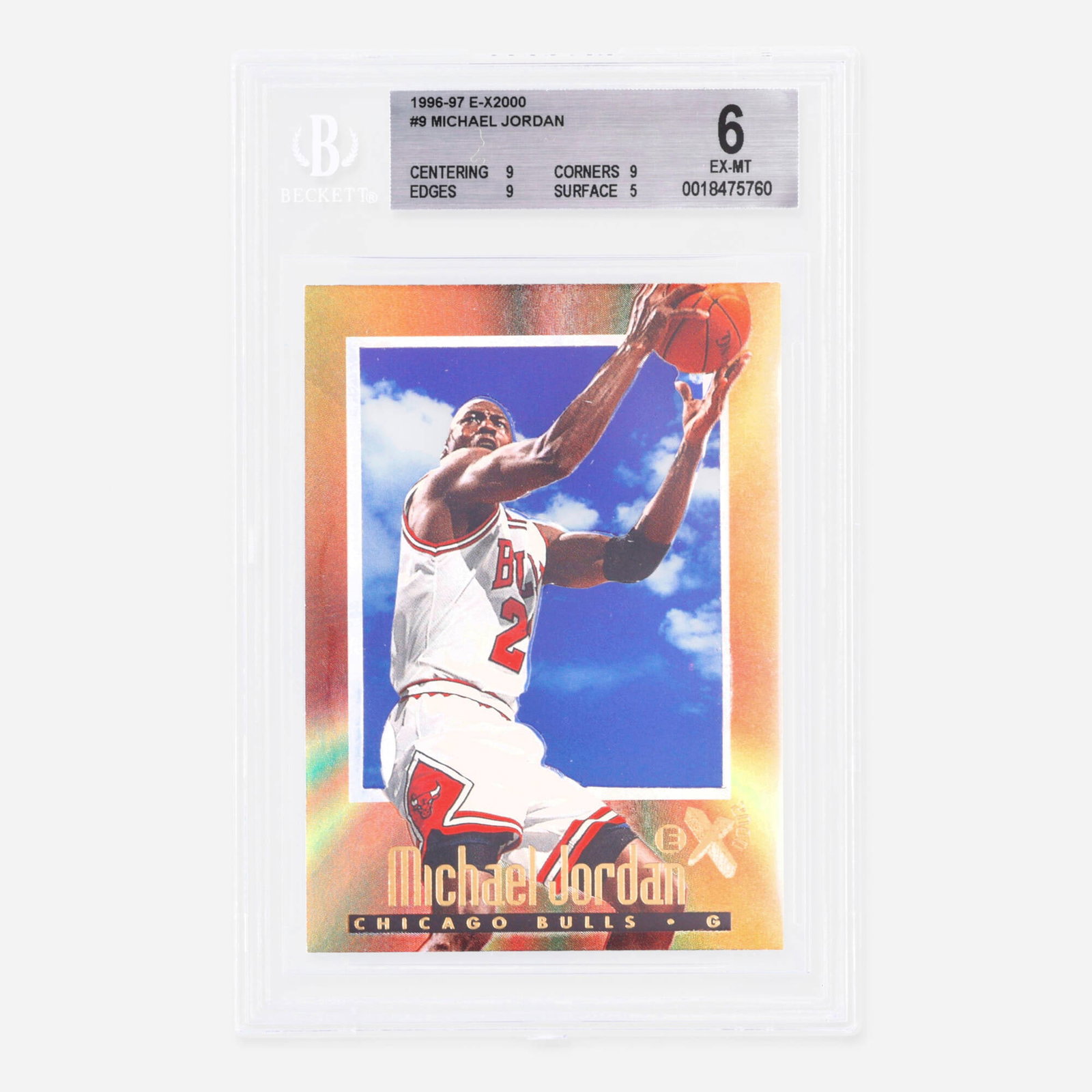 1996-1997 Skybox Basketball E-X2000 #9 Michael Jordan BGS 6: 1996-1997 Skybox Basketball E-X2000 #9 Michael Jordan BGS 6 USA, 1997 Centering: 9.0, Corners: 9.0, Edges: 9.0, Surface: 5.0 BGS#: 0018475760