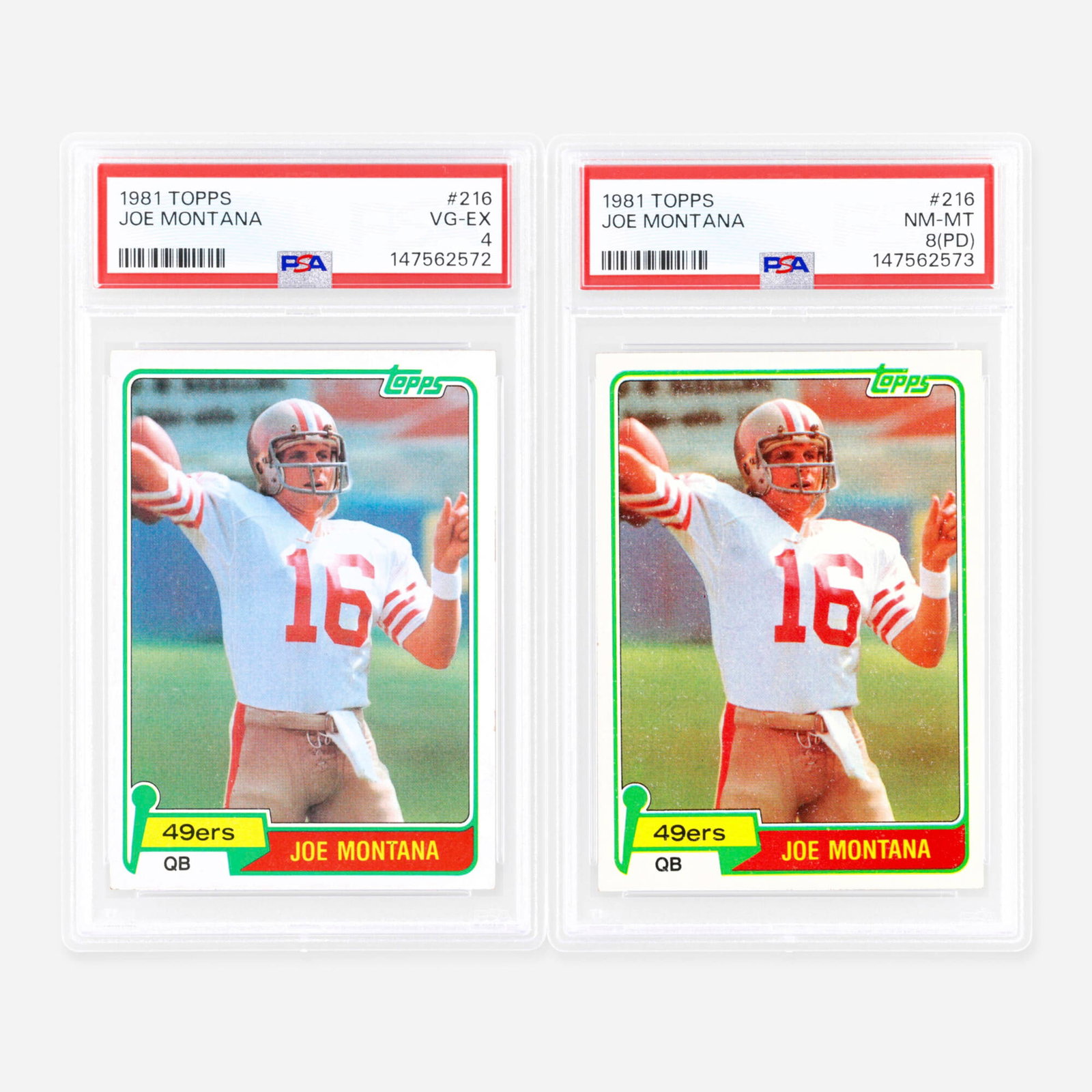 Two 1981 Topps Football #216 Joe Montana Rookie PSA Card Group: Two 1981 Topps Football #216 Joe Montana Rookie PSA Card Group USA, 1981 1981 Topps Football #216 Joe Montana Rookie PSA 8 (PD) PSA#: 147562573