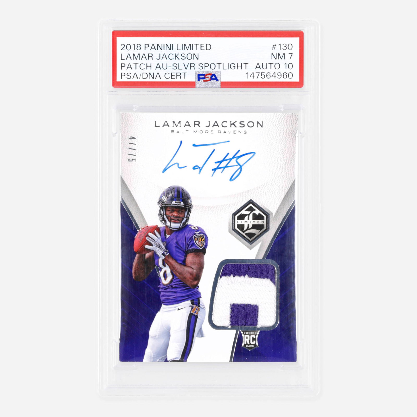 2018 Panini Limited Football #130 Lamar Jackson Rookie Patch Autograph Silver Spotlight PSA: 2018 Panini Limited Football #130 Lamar Jackson Rookie Patch Autograph Silver Spotlight PSA/DNA 7 Autograph 10 USA, 2018 Serial Number: 47/75 PSA#: 147564960