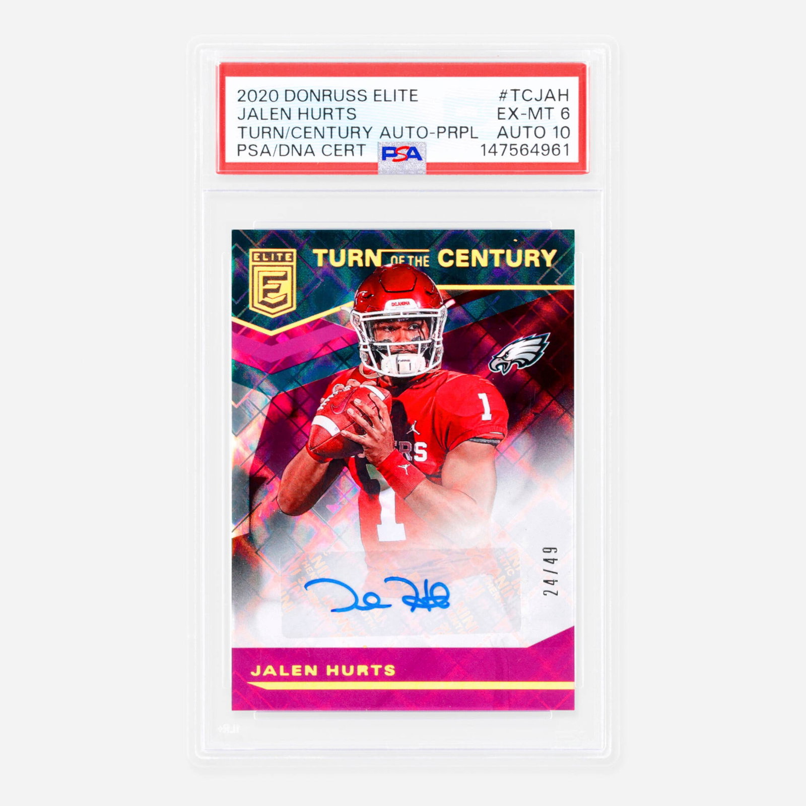2020 Donruss Elite Football #TCJAH Jalen Hurts Turn of the Century Auto Purple PSA: 2020 Donruss Elite Football #TCJAH Jalen Hurts Turn of the Century Auto Purple PSA/DNA 6 Autograph 10 USA, 2020 Serial Number: 24/49 PSA#: 147564961