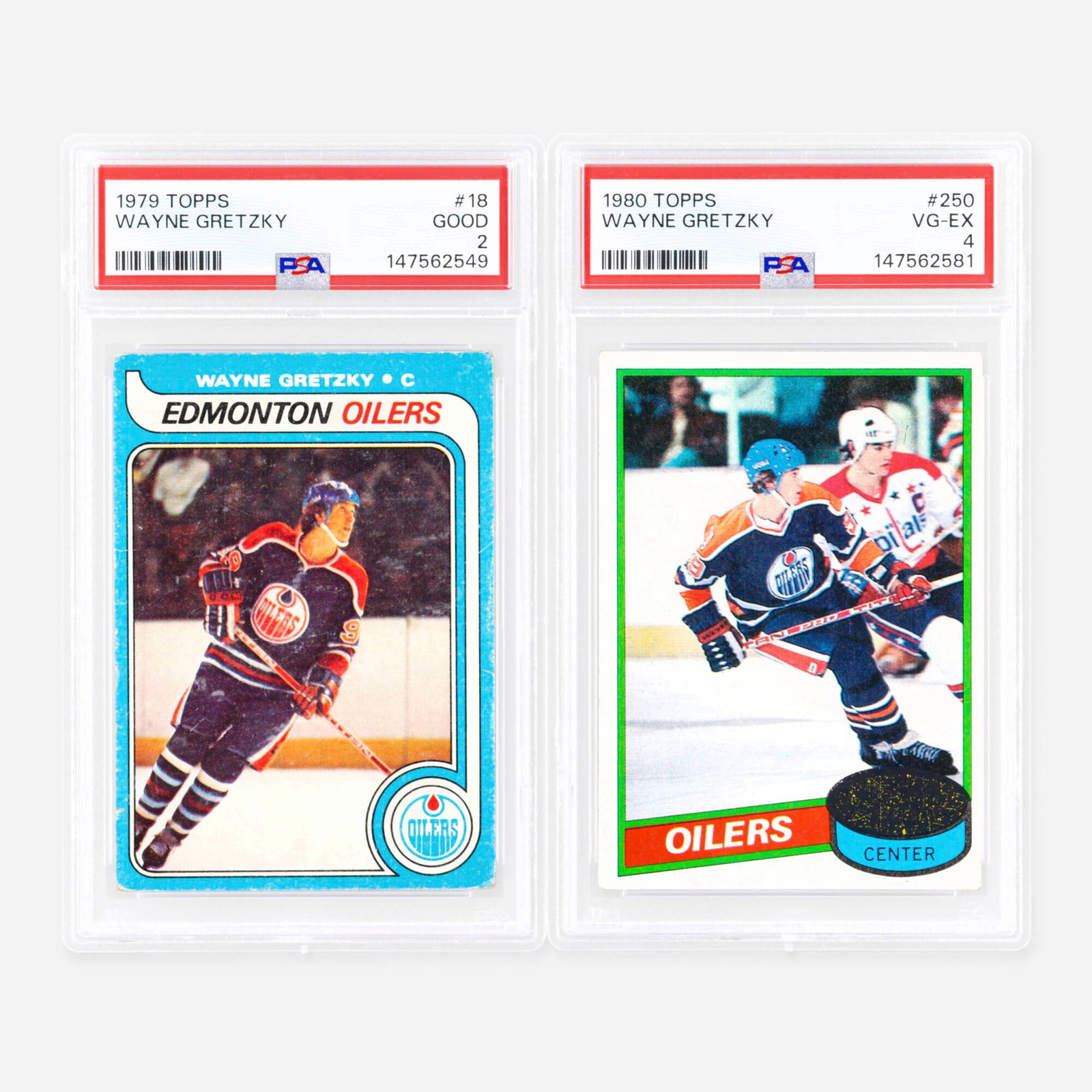 Two 1979 Topps Hockey #18 and 1980 Topps Hockey #250 Wayne Gretzky PSA Card Group: Two 1979 Topps Hockey #18 and 1980 Topps Hockey #250 Wayne Gretzky PSA Card Group USA, 1979, 1980 1979 Topps Hockey #18 Wayne Gretzky Rookie PSA 2 PSA#: 147562549