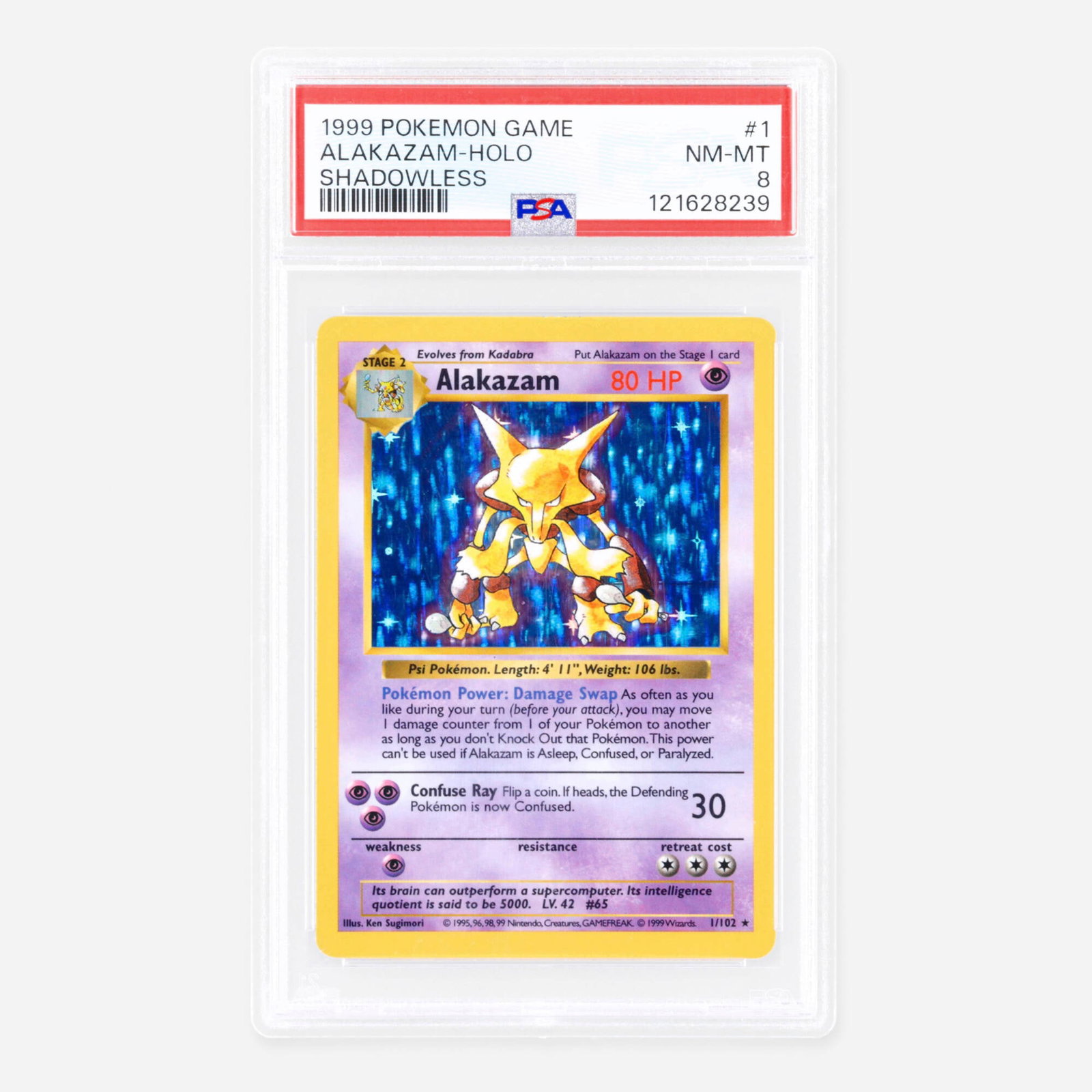 1999 Pokemon Base Set Shadowless 1/102 Alakazam Holo Trading Card PSA 8 (1 of 2)