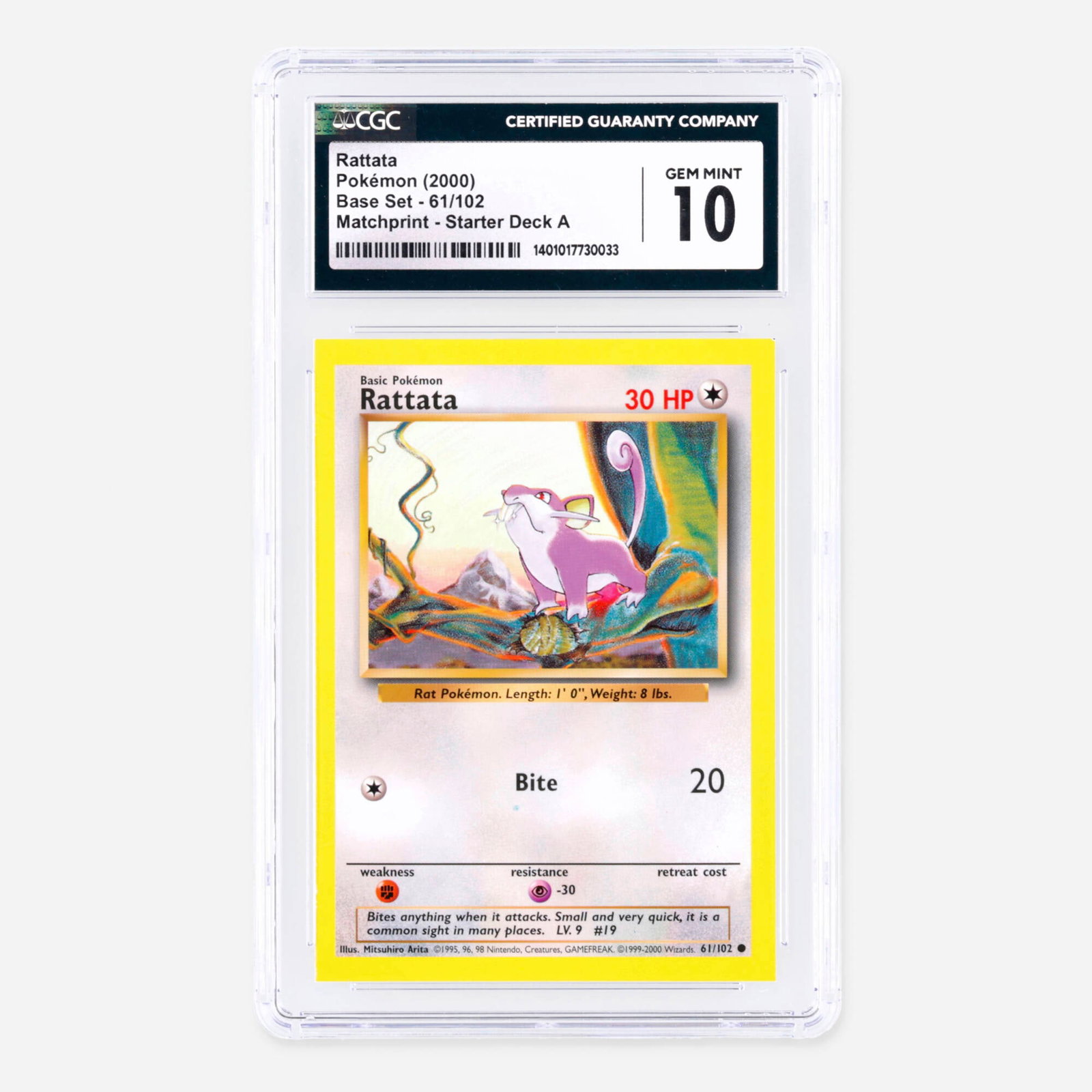 1999 Pokemon Base Set 61/102 Rattata Matchprint Starter Deck A Pre-Production Test Print: 1999 Pokemon Base Set 61/102 Rattata Matchprint Starter Deck A Pre-Production Test Print Trading Card CGC 10 USA, 2000 CGC#: 1401017730033 Population: 5 In 10 Gem Mint, 0 Higher