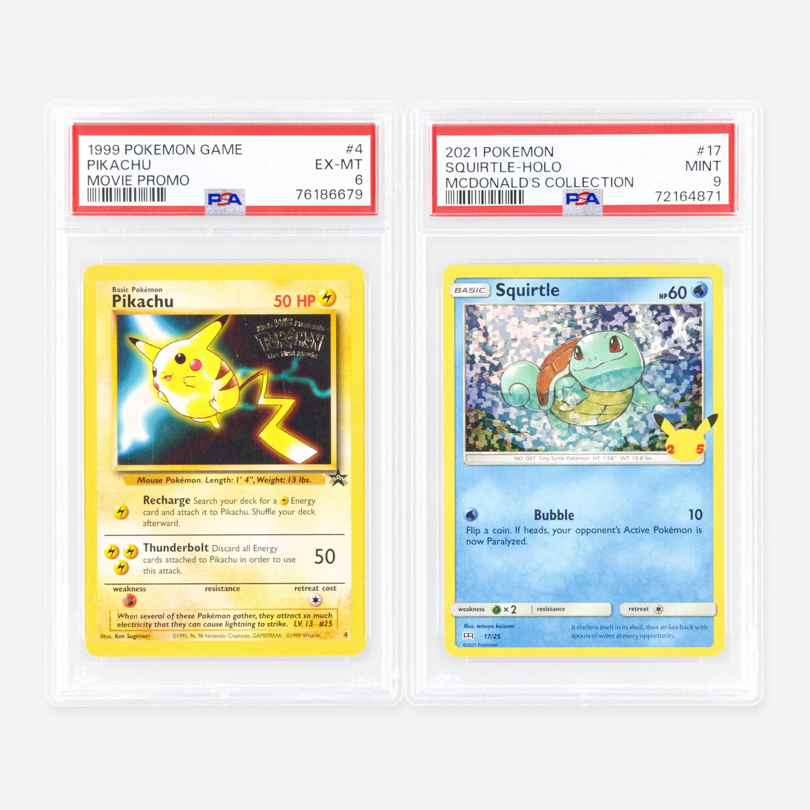 Two 1999 and 2021 Black Star Promos 4 Pikachu and McDonald's Collection 17/25 Squirtle: Two 1999 and 2021 Black Star Promos 4 Pikachu and McDonald's Collection 17/25 Squirtle PSA Trading Card Group USA, 1999, 2021 1999 Pokemon Black Star Promos 4 Pikachu Mewtwo Strikes Back Movie Promo T
