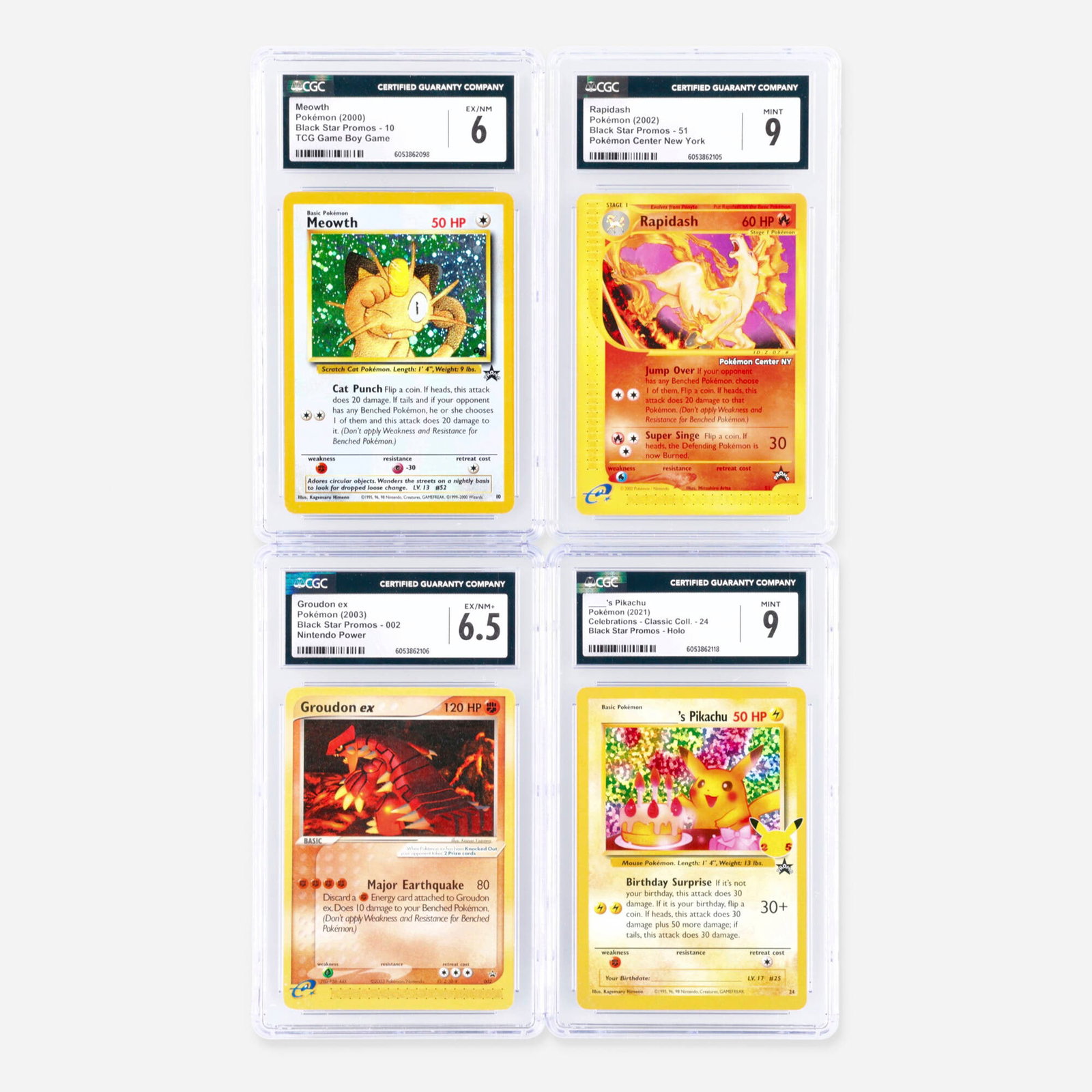 Four 2000-2021 Pokemon Black Star Promos CGC Trading Card Group: Four 2000-2021 Pokemon Black Star Promos CGC Trading Card Group USA, 2000-2021 2000 Pokemon Black Star Promos 10 Meowth TCG Game Boy Game Trading Card CGC 6 CGC#: 6053862098