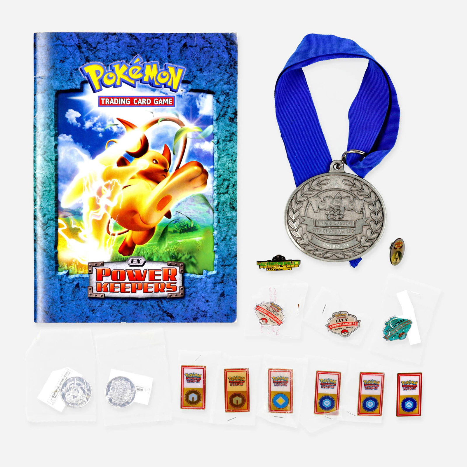 14 2001-2007 Pokemon Pin and Coin Group: 14 2001-2007 Pokemon Pin and Coin Group USA, 20th-21st Century Group includes: Pokemon League Johto Zephyr Gym Badge Factory Sealed (x2), Pokemon League Johto Plain Gym Badge Factory Sealed, Pokemon L