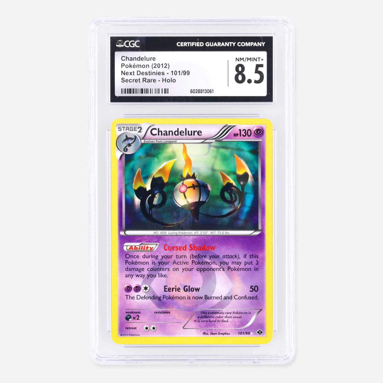 2012 Pokemon Next Destinies 101/99 Chandelure Secret Rare Holo Trading Card CGC 8.5: 2012 Pokemon Next Destinies 101/99 Chandelure Secret Rare Holo Trading Card CGC 8.5 USA, 2012 CGC#: 6028813061 Population: 18 In 8.5, 5 Higher