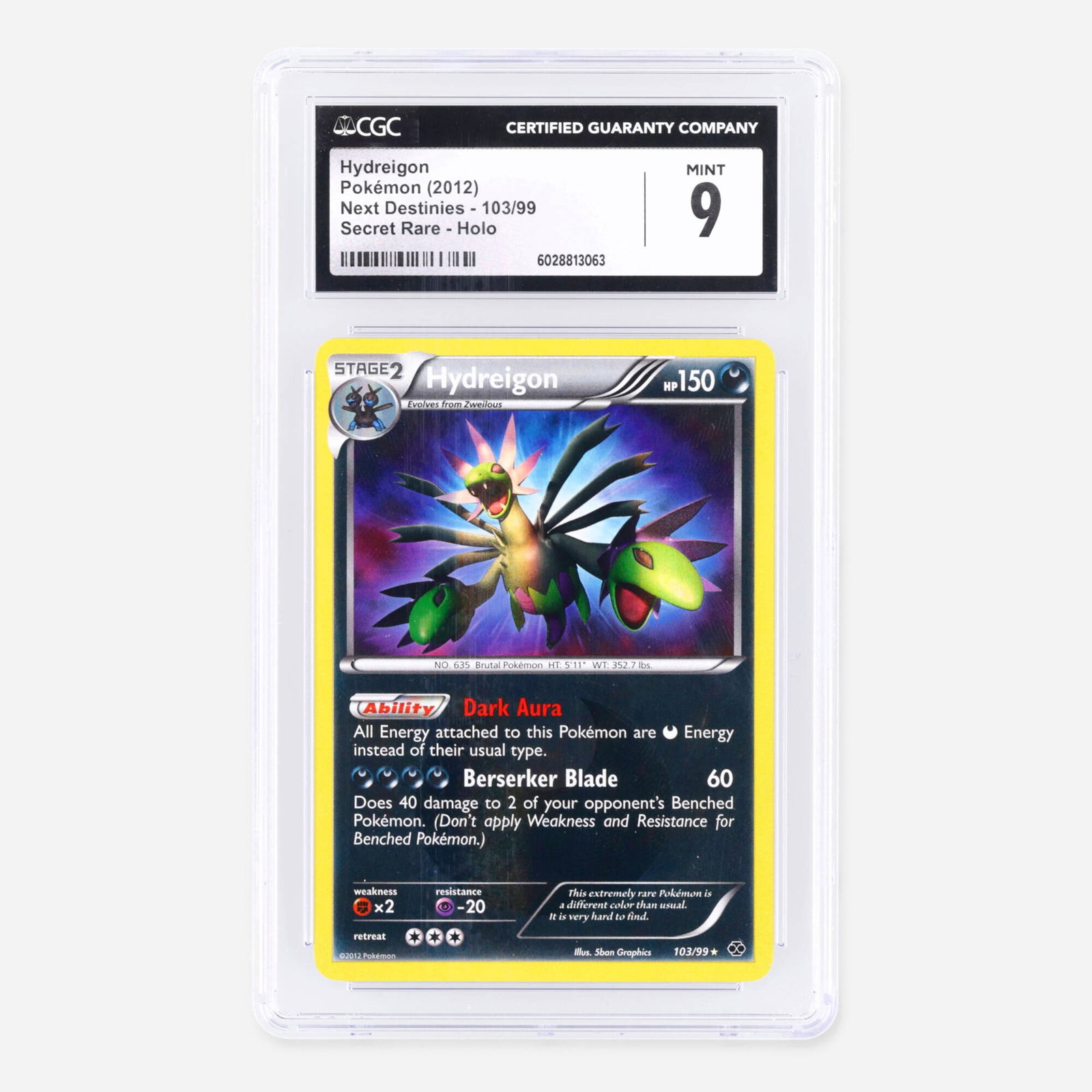 2012 Pokemon Next Destinies 103/99 Hydreigon Secret Rare Holo Trading Card CGC 9: 2012 Pokemon Next Destinies 103/99 Hydreigon Secret Rare Holo Trading Card CGC 9 USA, 2012 CGC#: 6028813063 Population: 7 In 9, 0 Higher