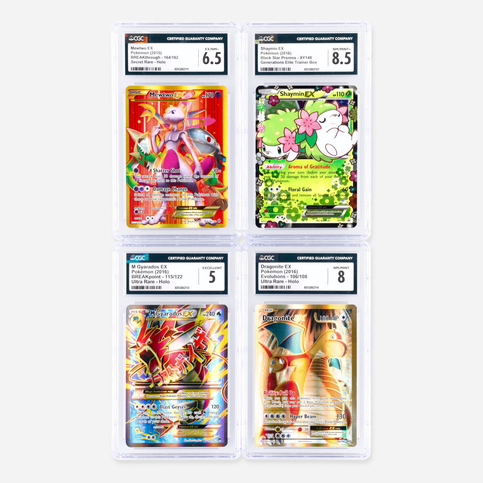 Four 2015-2016 Pokemon EX CGC Trading Card Group: Four 2015-2016 Pokemon EX CGC Trading Card Group USA, 2015, 2016 2015 Pokemon BREAKthrough 164/162 Mewtwo EX Secret Rare Holo Trading Card CGC 6.5 CGC#: 6053862111 Populatio