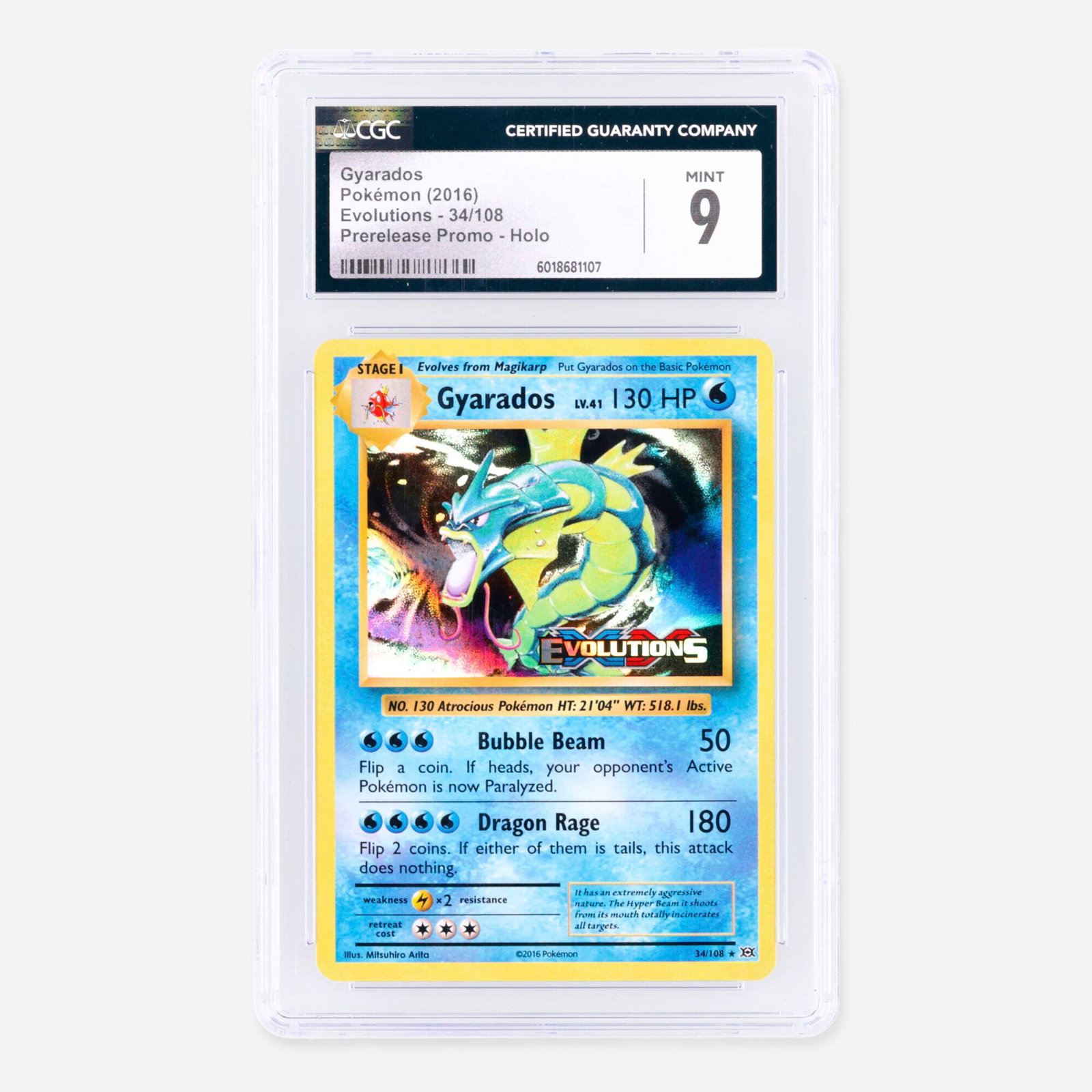 2016 Pokemon Evolutions 34/108 Gyarados Prerelease Promo Holo Trading Card CGC 9: 2016 Pokemon Evolutions 34/108 Gyarados Prerelease Promo Holo Trading Card CGC 9 USA, 2016 CGC#: 6018681107 Population: 10 In 9, 0 Higher