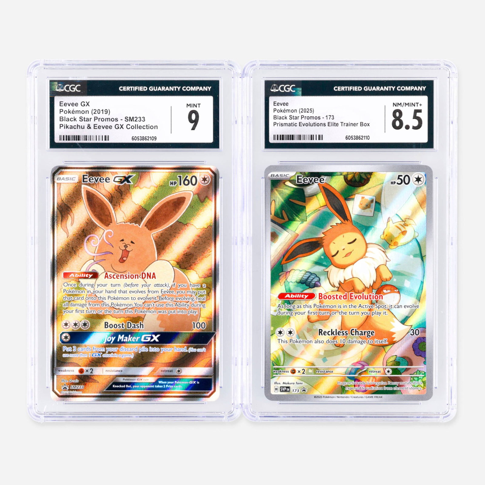 Two 2019 and 2025 Pokemon Black Star Promos SM233 Eevee GX and 173 Eevee CGC Trading Card Group: Two 2019 and 2025 Pokemon Black Star Promos SM233 Eevee GX and 173 Eevee CGC Trading Card Group USA, 2019, 2025 2019 Pokemon Black Star Promos SM233 Eevee GX Trading Card CGC 9 CGC#: 6