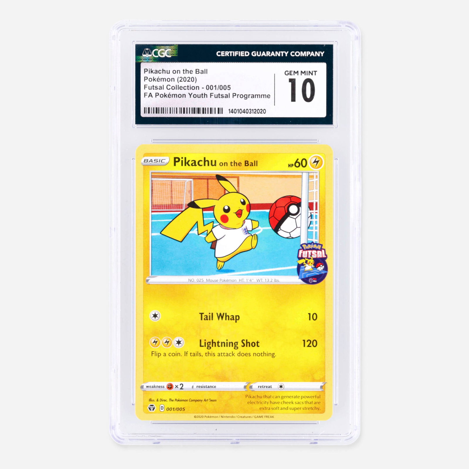 2020 Pokemon Futsal Collection 001/005 Pikachu on the Ball FA Pokemon Youth Futsal Programme: 2020 Pokemon Futsal Collection 001/005 Pikachu on the Ball FA Pokemon Youth Futsal Programme Trading Card CGC 10 USA, 2020 CGC#: 1401040312020 Population: 248 In 10 Gem Mint, 44 Higher