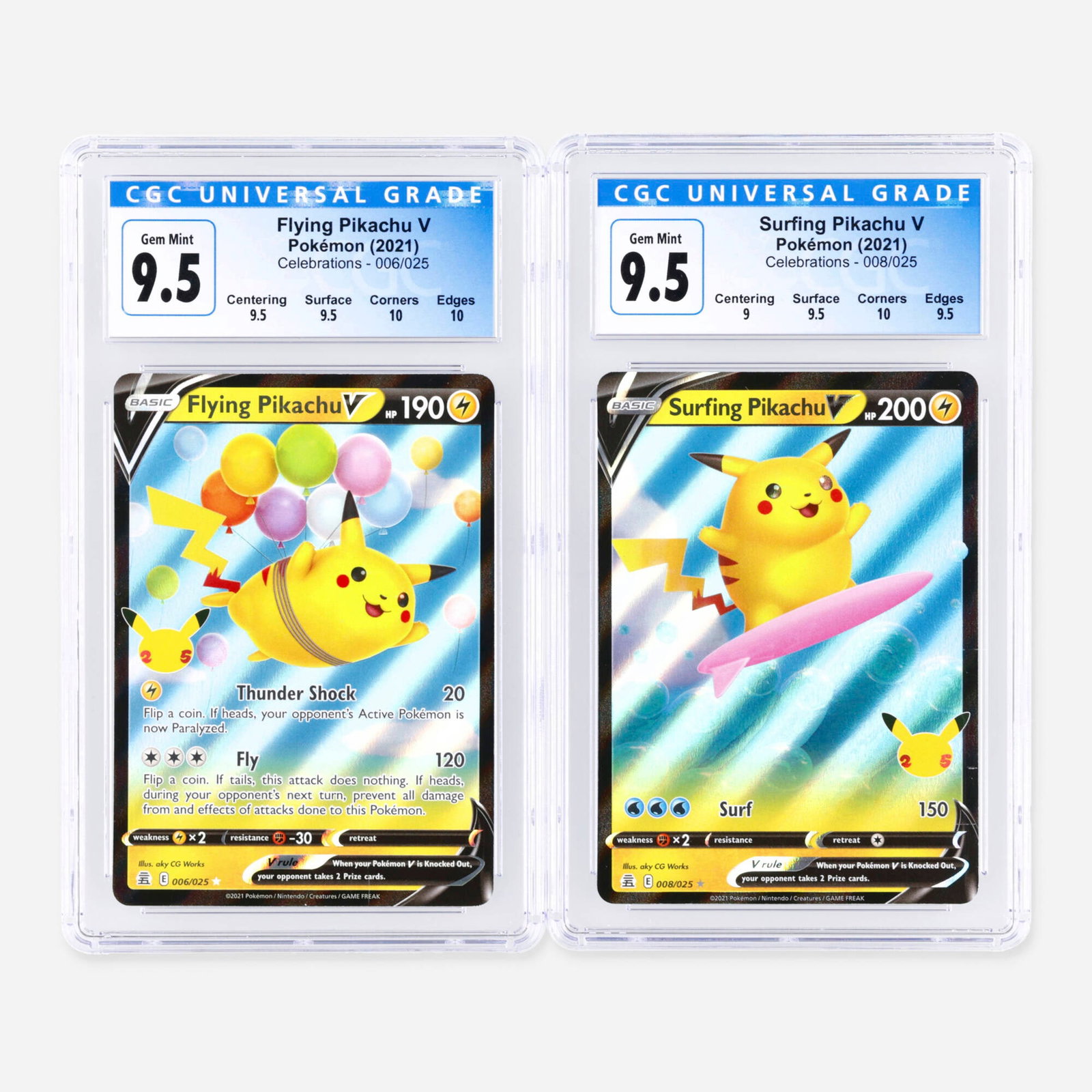 2021 Pokemon Celebrations Flying Pikachu V and 008/025 Surfing Pikachu V Holo CGC (1 of 2)