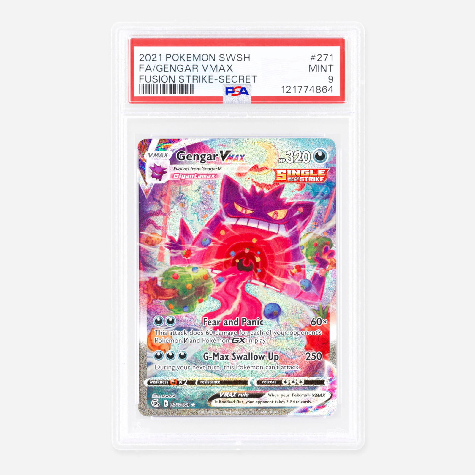 2021 Pokemon Sword and Shield Fusion Strike 271/264 Gengar VMAX Full Art Secret Rare: 2021 Pokemon Sword and Shield Fusion Strike 271/264 Gengar VMAX Full Art Secret Rare Trading Card PSA 9 USA, 2021 PSA#: 121774864