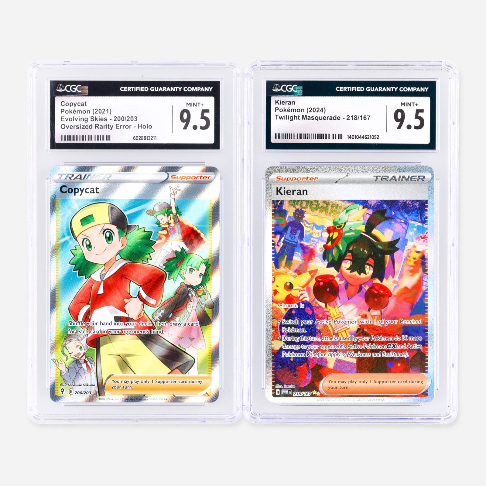 Two 2021 and 2024 Pokemon Evolving Skies 200/203 Copycat and Twilight Masquerade 218/167 Kieran: Two 2021 and 2024 Pokemon Evolving Skies 200/203 Copycat and Twilight Masquerade 218/167 Kieran CGC 9.5 Trading Card Group USA, 2021, 2024 2021 Pokemon Evolving Skies 200/203 Copycat Oversized Rarity 