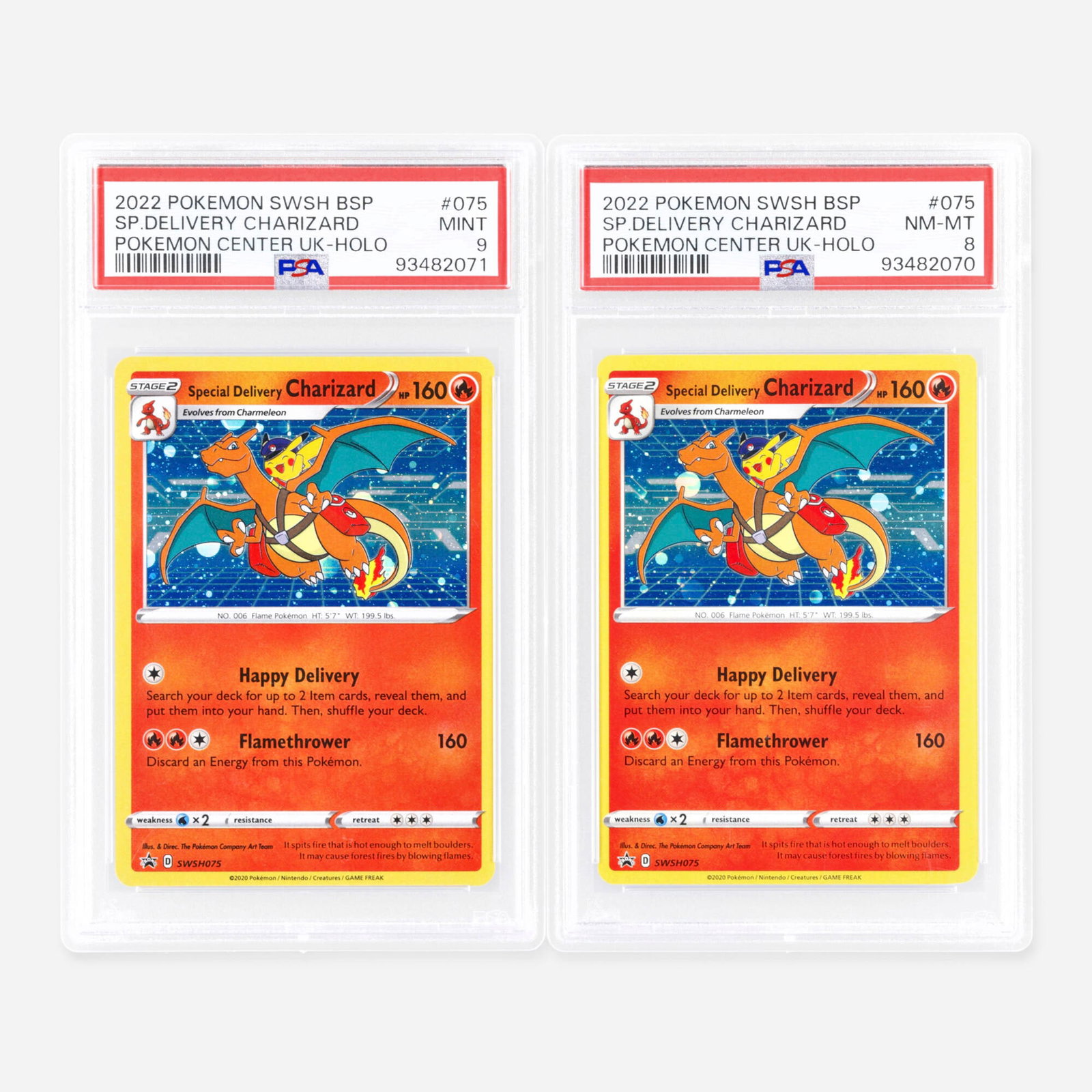 2022 Pokemon Sword Shield Black Star Promos SWSH075 Special Delivery Charizard Pokemon UK Holo: Two 2022 Pokemon Sword and Shield Black Star Promos SWSH075 Special Delivery Charizard Pokemon Center UK Holo PSA Trading Card Group USA, 2022 2022 Pokemon Sword and Shield Black Star Promos SWSH075 S