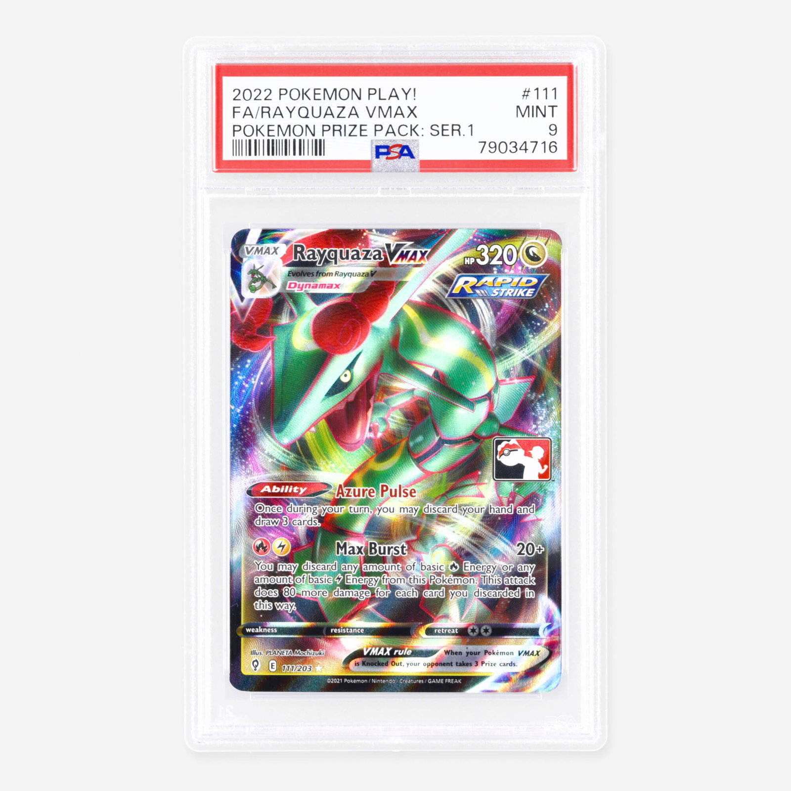2022 Pokemon Play 111/203 Rayquaza VMAX Full Art Holo Pokemon Prize Pack Series 1 Trading Card PSA 9: 2022 Pokemon Play 111/203 Rayquaza VMAX Full Art Holo Pokemon Prize Pack Series 1 Trading Card PSA 9 USA, 2022 PSA#: 79034716