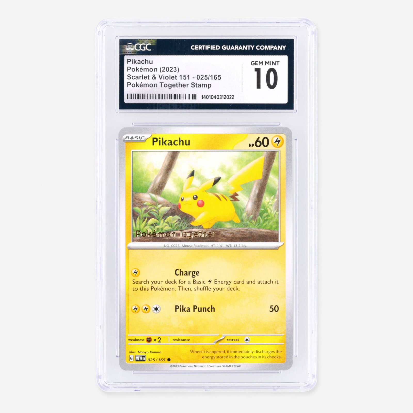 2023 Pokemon Scarlet & Violet 151 025/165 Pikachu Pokemon Together Stamp Trading Card CGC 10: 2023 Pokemon Scarlet & Violet 151 025/165 Pikachu Pokemon Together Stamp Trading Card CGC 10 USA, 2023 CGC#: 1401040312022 Population: 53 In 10 Gem Mint, 5 Higher