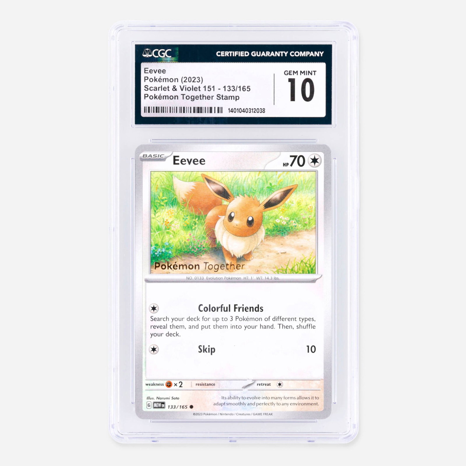 2023 Pokemon Scarlet & Violet 151 133/165 Eevee Pokemon Together Stamp Trading Card CGC 10: 2023 Pokemon Scarlet & Violet 151 133/165 Eevee Pokemon Together Stamp Trading Card CGC 10 USA, 2023 CGC#: 1401040312038 Population: 37 In 10 Gem Mint, 3 Higher