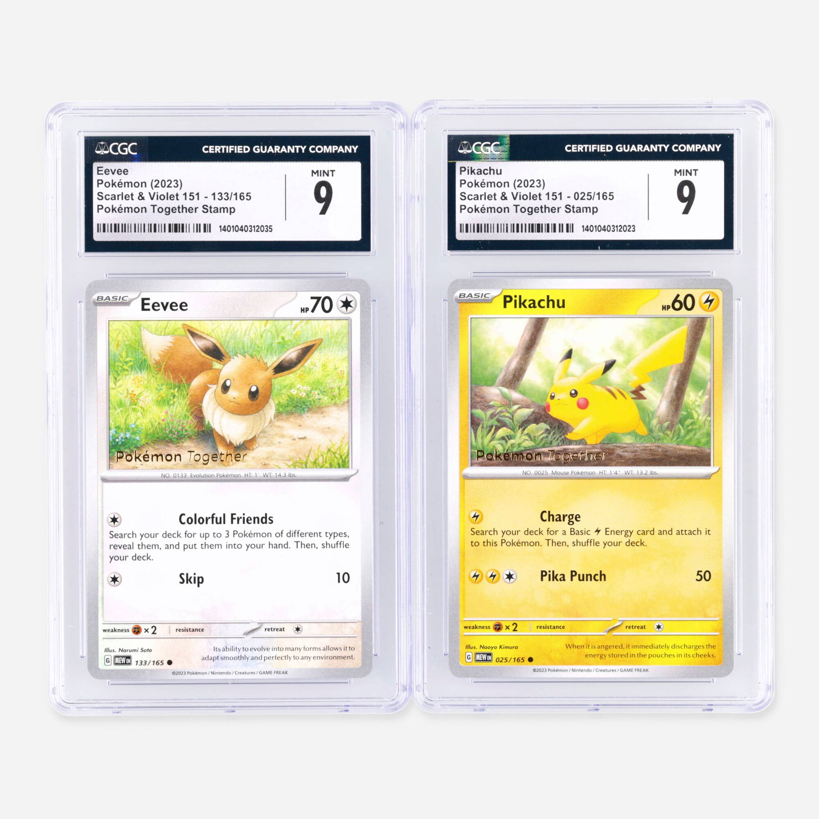 2023 Pokemon Scarlet Violet 151 025/165 Pikachu 133/165 Eevee Pokemon Together Stamp (1 of 2)