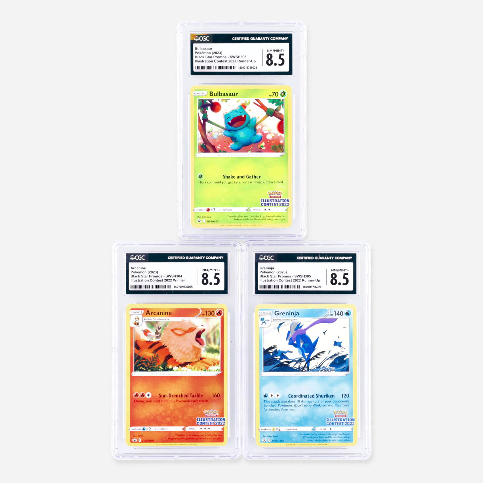 Three 2023 Pokemon Black Star Promos Illustration Contest 2022 CGC 8.5 Trading Card Group: Three 2023 Pokemon Black Star Promos Illustration Contest 2022 CGC 8.5 Trading Card Group USA, 2023 2023 Pokemon Black Star Promos SWSH303 Bulbasaur Illustration Contest 2022 Runner-Up Trading Card CG