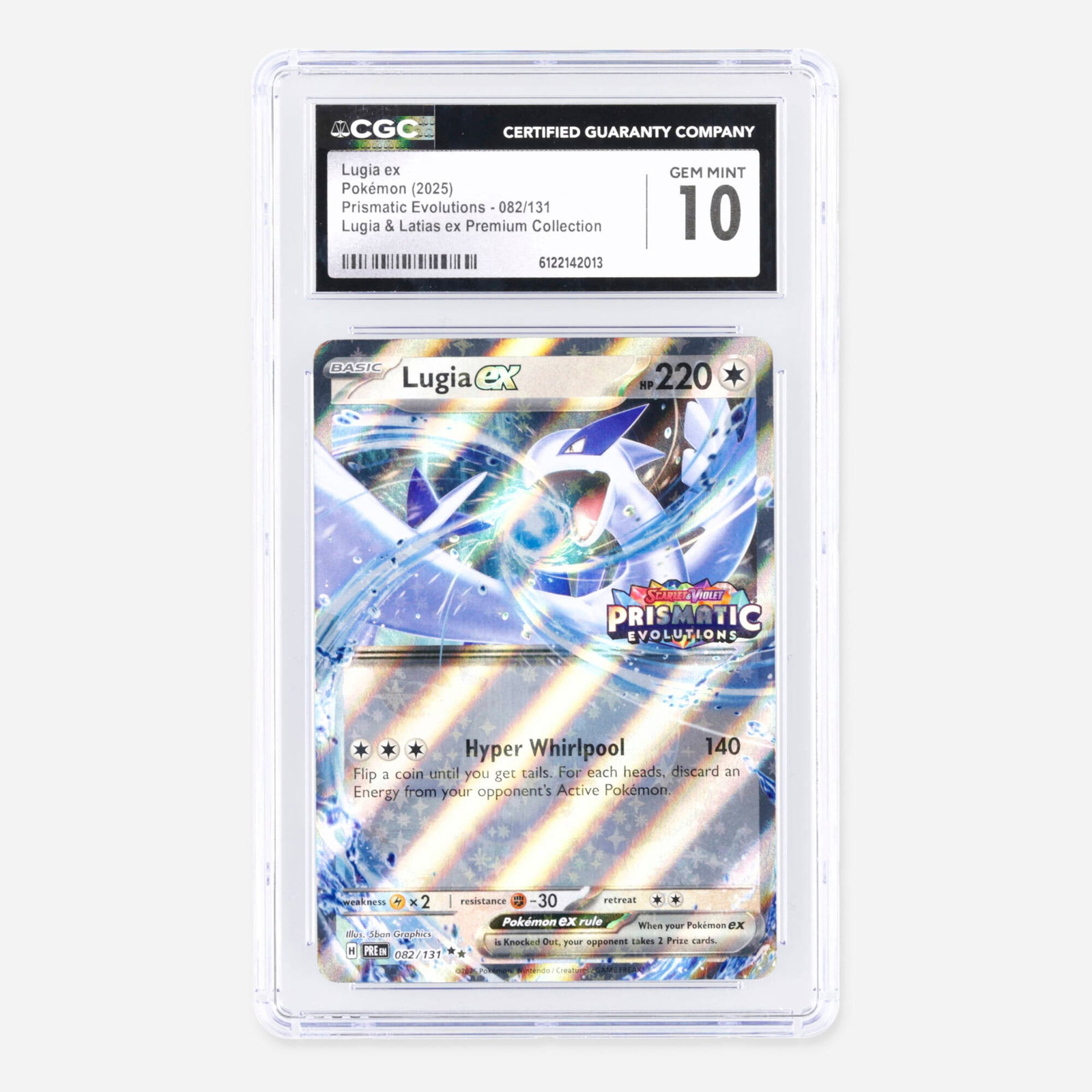 2025 Pokemon Prismatic Evolutions 082/131 Lugia ex Lugia & Latias ex Premium: 2025 Pokemon Prismatic Evolutions 082/131 Lugia ex Lugia & Latias ex Premium Collection Trading Card CGC 10 USA, 2025 CGC#: 6122142013 Population: 93 In 10 Gem Mint, 29 Higher