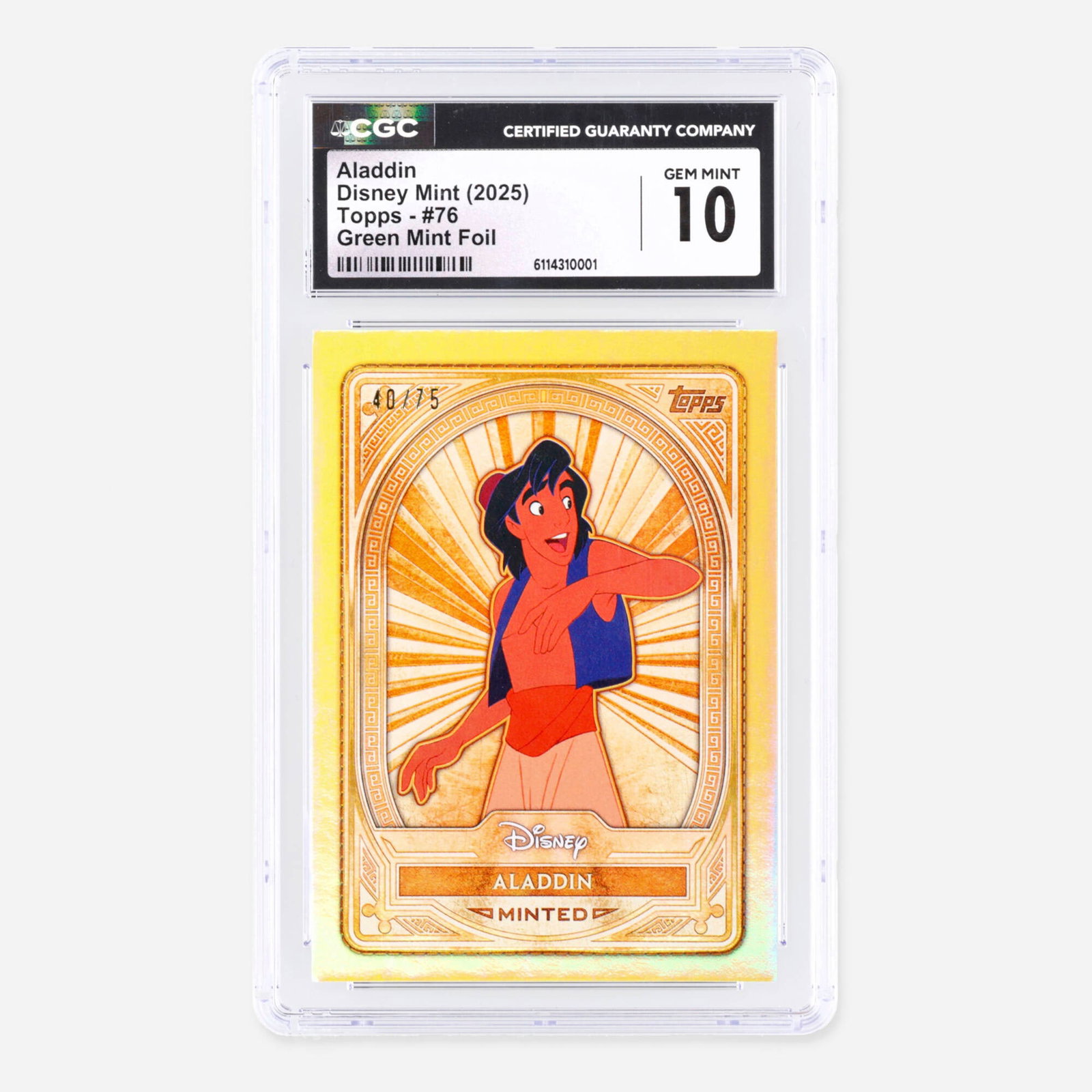 2025 Topps Disney Mint #76 Aladdin Green Mint Foil Trading Card CGC 10: 2025 Topps Disney Mint #76 Aladdin Green Mint Foil Trading Card CGC 10 USA, 2025 Serial Number: 40/75 CGC#: 6114310001 Population: 1 In 10 Gem Mint, 0 Higher