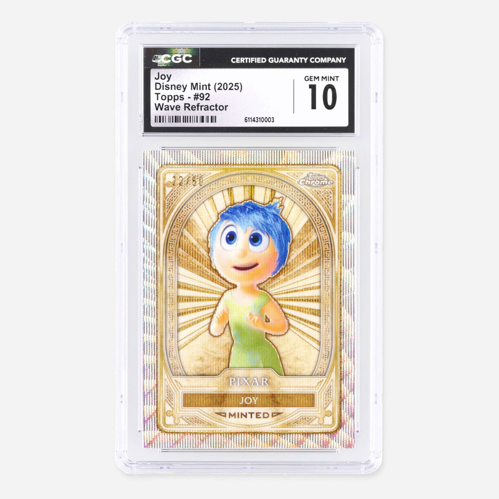 2025 Topps Chrome Disney Mint #92 Joy Wave Refractor Trading Card CGC 10: 2025 Topps Chrome Disney Mint #92 Joy Wave Refractor Trading Card CGC 10 USA, 2025 Serial Number: 12/50 CGC#: 6114310003 Population: 1 In 10 Gem Mint, 0 Higher<