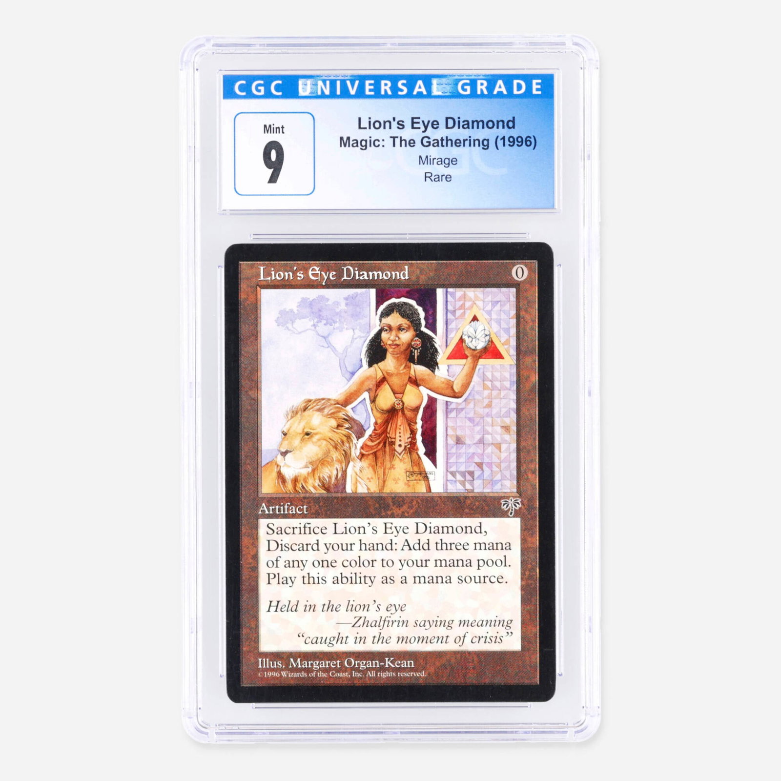 1996 Magic: The Gathering Mirage Lion's Eye Diamond Rare Trading Card CGC 9: 1996 Magic: The Gathering Mirage Lion's Eye Diamond Rare Trading Card CGC 9 USA, 1996 CGC#: 4088257056 Population: 70 In 9, 28 Higher