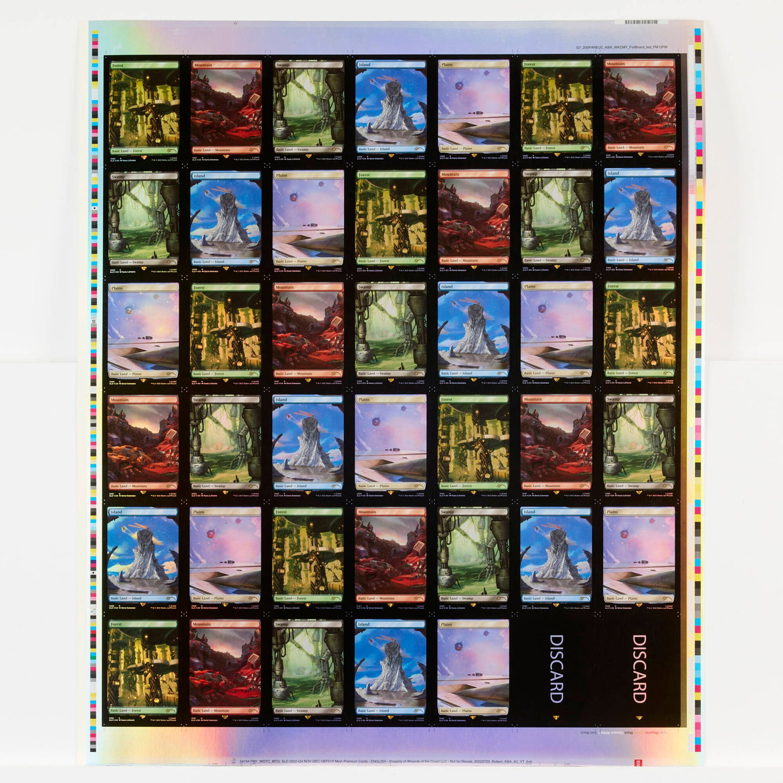 2022 Magic: The Gathering Secret Lair Drop: Transformers Lands Foil Uncut Trading Card Sheet: 2022 Magic: The Gathering Secret Lair Drop: Transformers Lands Foil Uncut Trading Card Sheet USA, 2022 23.875 h x 20 w in (61 x 51 cm) Uncut sheet includes cards 1088 Plains Basic Land Foil, 1089 Isla
