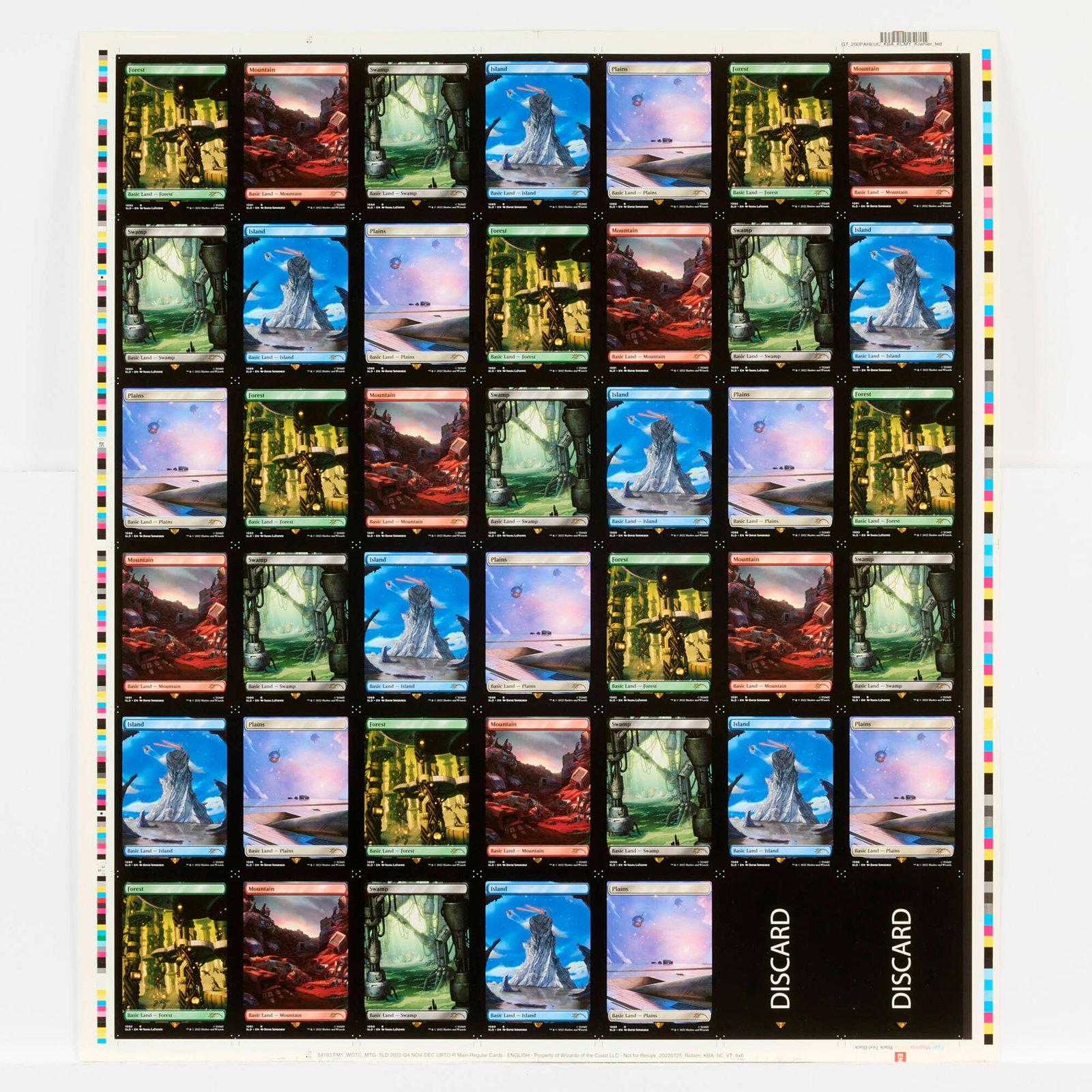 2022 Magic: The Gathering Secret Lair Drop: Transformers Lands Uncut Trading Card Sheet: 2022 Magic: The Gathering Secret Lair Drop: Transformers Lands Uncut Trading Card Sheet USA, 2022 22.5 h x 19 w in (57 x 48 cm) Uncut sheet includes cards 1088 Plains Basic Land, 1089 Island Basic Lan