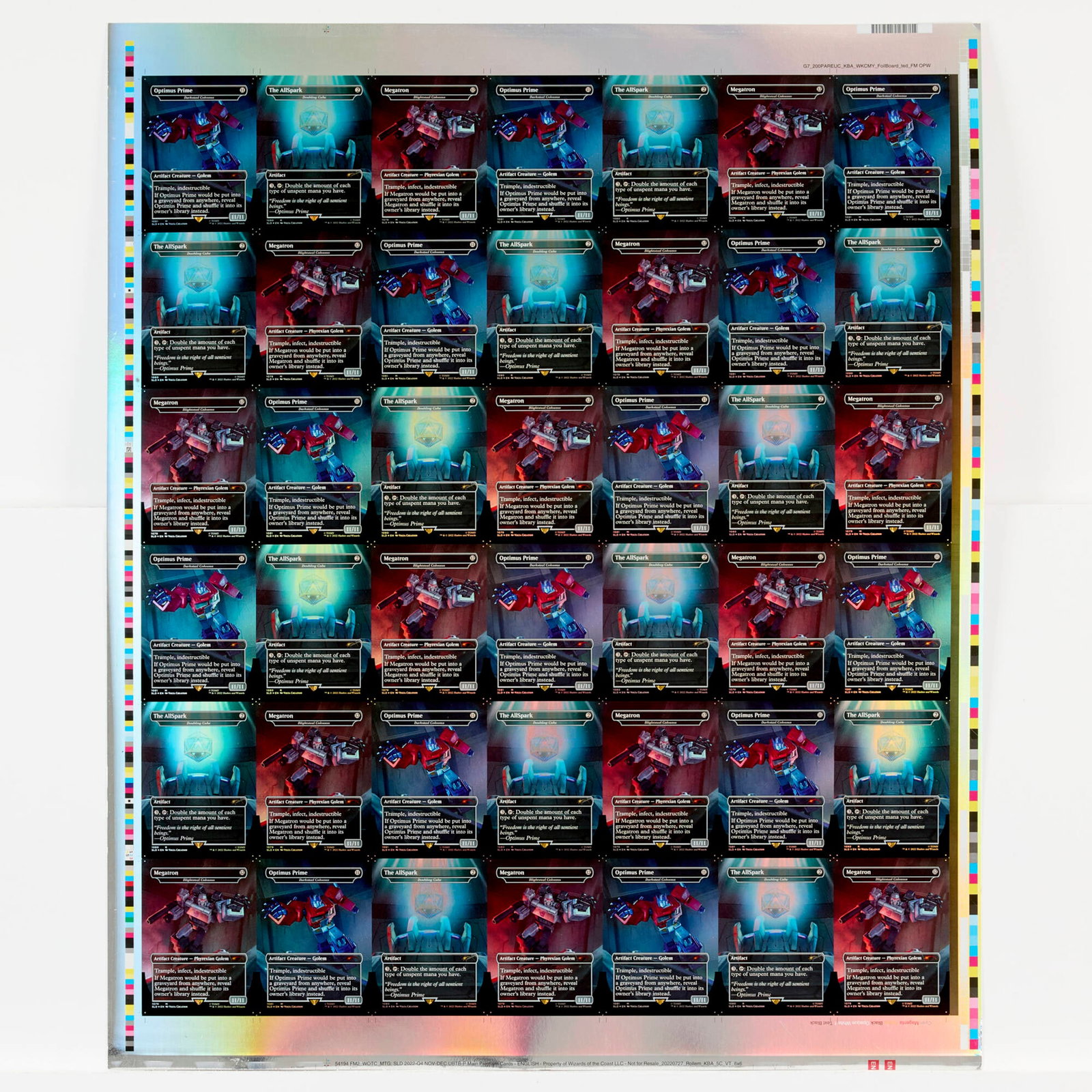 Magic: The Gathering Secret Lair Drop: Transformers Optimus Prime vs Megatron Borderless Mythic Rare: 2022 Magic: The Gathering Secret Lair Drop: Transformers Optimus Prime vs Megatron Borderless Mythic Rare Foil Uncut Trading Card Sheet USA, 2022 23.875 h x 19.875 w in (61 x 50 cm) Uncut sheet includ