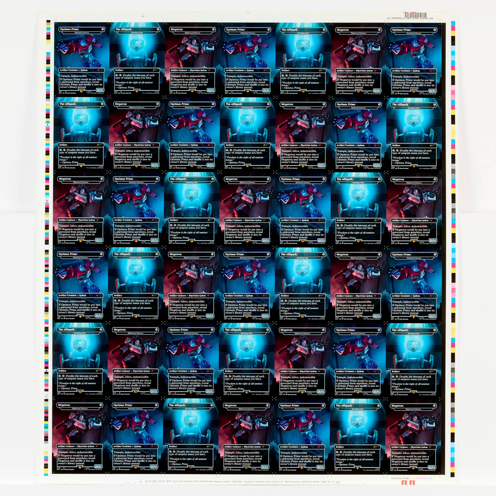 Magic: The Gathering Secret Lair Drop: Transformers Optimus Prime vs Megatron Borderless Mythic Rare: 2022 Magic: The Gathering Secret Lair Drop: Transformers Optimus Prime vs Megatron Borderless Mythic Rare Uncut Trading Card Sheet USA, 2022 22.438 h x 19.938 w in (57 x 51 cm) Uncut sheet includes ca