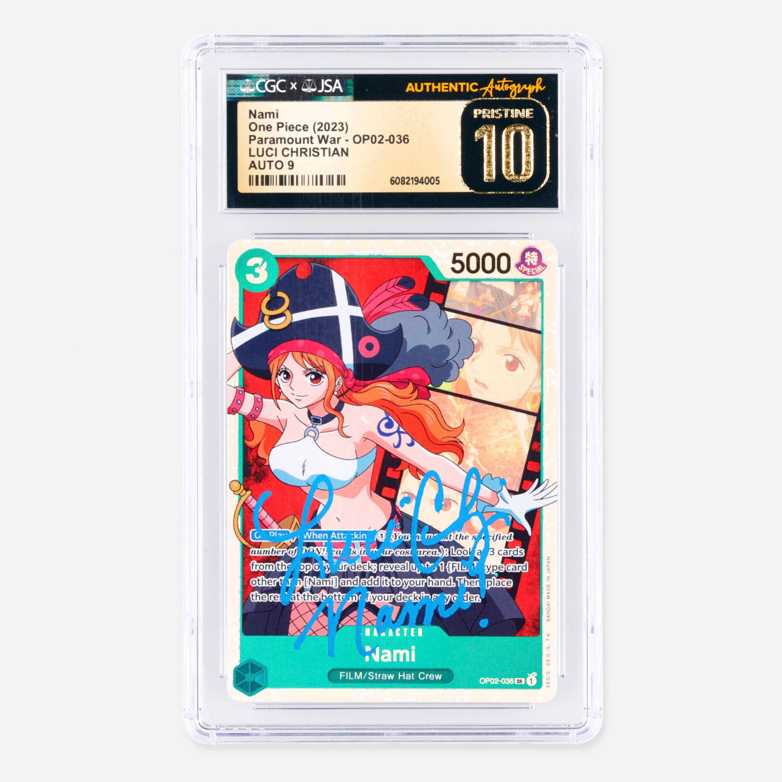 One Piece Paramount War OP02-036 Nami Super Rare Trading Card CGC: 2023 One Piece Paramount War OP02-036 Nami Super Rare Trading Card CGC 10 Pristine JSA Luci Christian Autograph 9 USA, 2023 CGC#: 6082194005 Population: 55 In Pristine 10, 1 Higher
