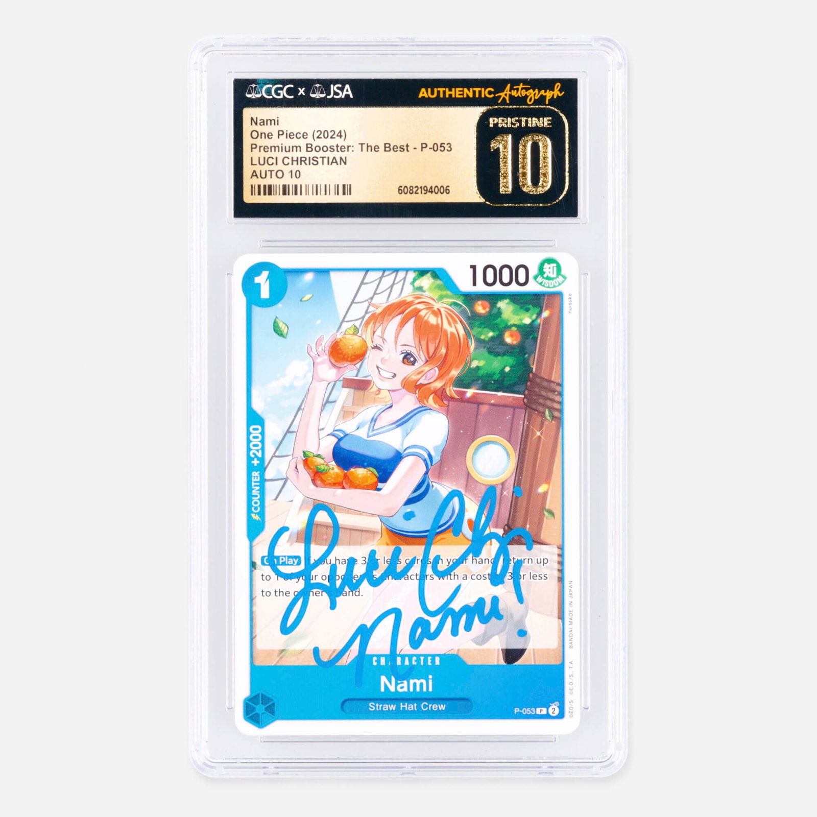 One Piece Premium Booster: The Best P-053 Nami Promo Trading Card CGC 10 Pristine: 2024 One Piece Premium Booster: The Best P-053 Nami Promo Trading Card CGC 10 Pristine JSA Luci Christian Autograph 10 USA, 2024 CGC#: 6082194006 Population: 4 In 10 Pristine, 0 Higher