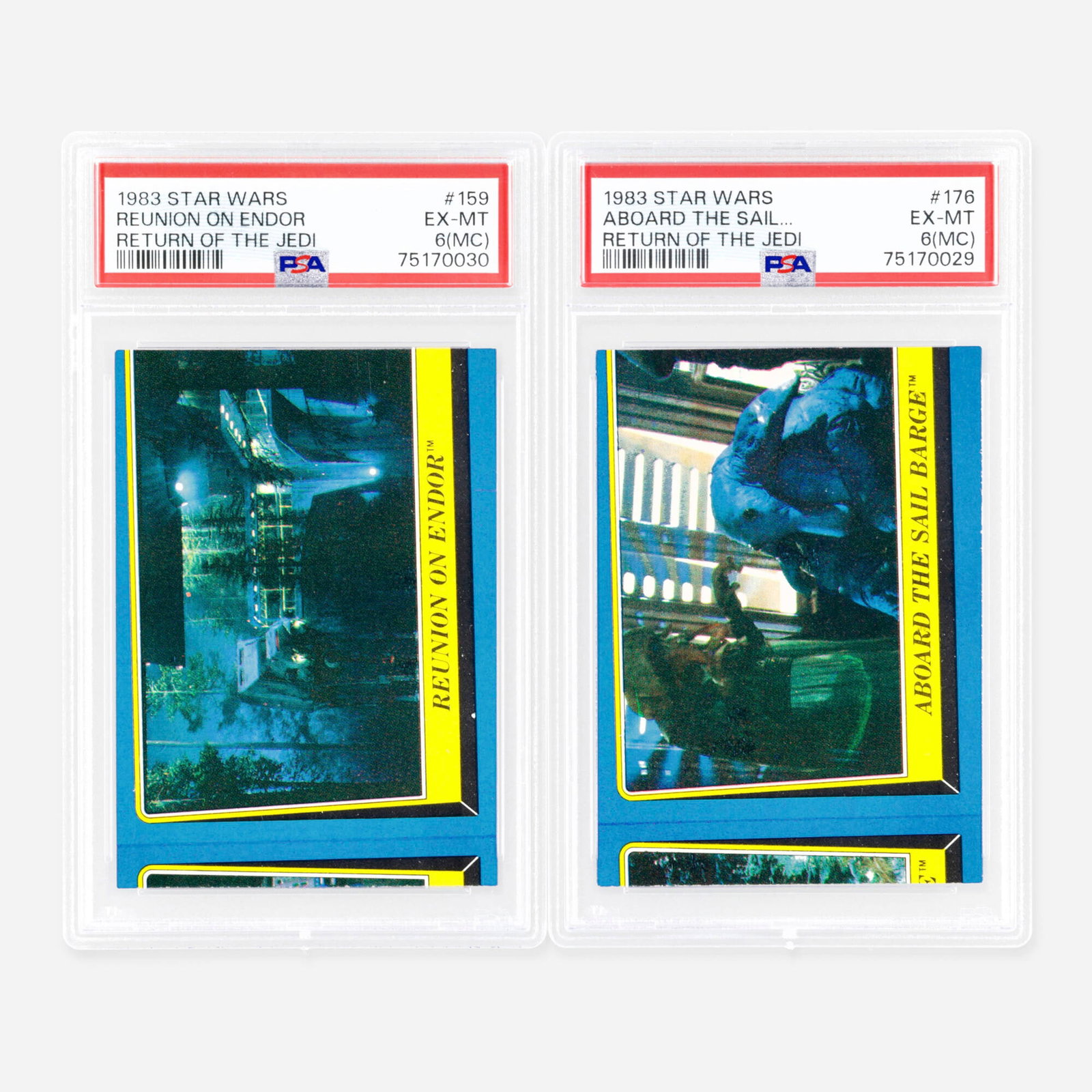 Star Wars Return of the Jedi #159 Reunion on Endor and #176 Aboard the Sail Barge PSA 6: Two Star Wars Return of the Jedi #159 Reunion on Endor and #176 Aboard the Sail Barge PSA 6 (MC) Trading Card Group USA, 1983 1983 Star Wars Return of the Jedi #159 Reunion on Endor Trading Card PSA 6