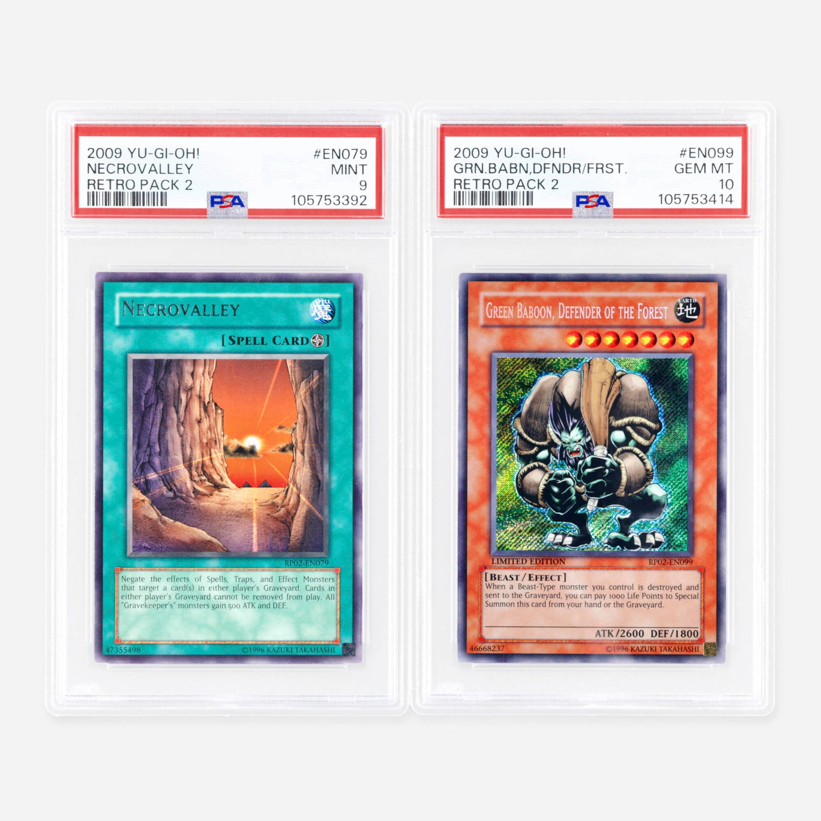 Yu-Gi-Oh! Retro Pack 2 RP02-EN079 Necrovalley and RP02-EN099 Green Baboon, Defender of the Forest: Two 2009 Yu-Gi-Oh! Retro Pack 2 RP02-EN079 Necrovalley and RP02-EN099 Green Baboon, Defender of the Forest PSA Trading Card Group USA, 2009 2009 Yu-Gi-Oh! Retro Pack 2 RP02-EN079 Necrovalley Trading C