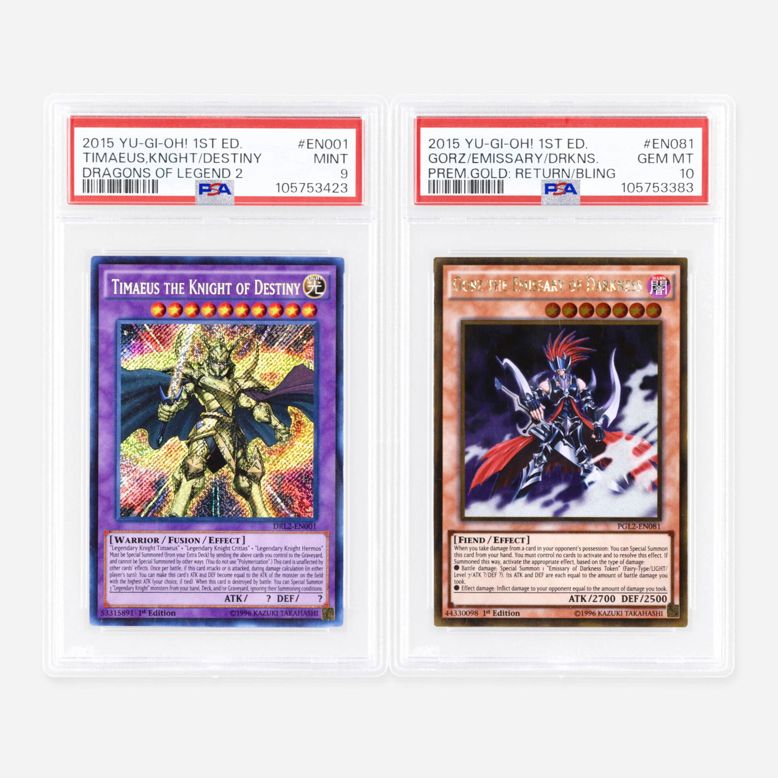 Yu-Gi-Oh! Dragons of Legend Timaeus Knight of Destiny Return of the Bling Gorz Emissary of Darkness: Two 2015 Yu-Gi-Oh! 1st Edition Dragons of Legend 2 DRL2-EN001 Timaeus the Knight of Destiny and Premium Gold Return of the Bling PGL2-EN081 Gorz the Emissary of Darkness PSA Trading Card Group USA, 20