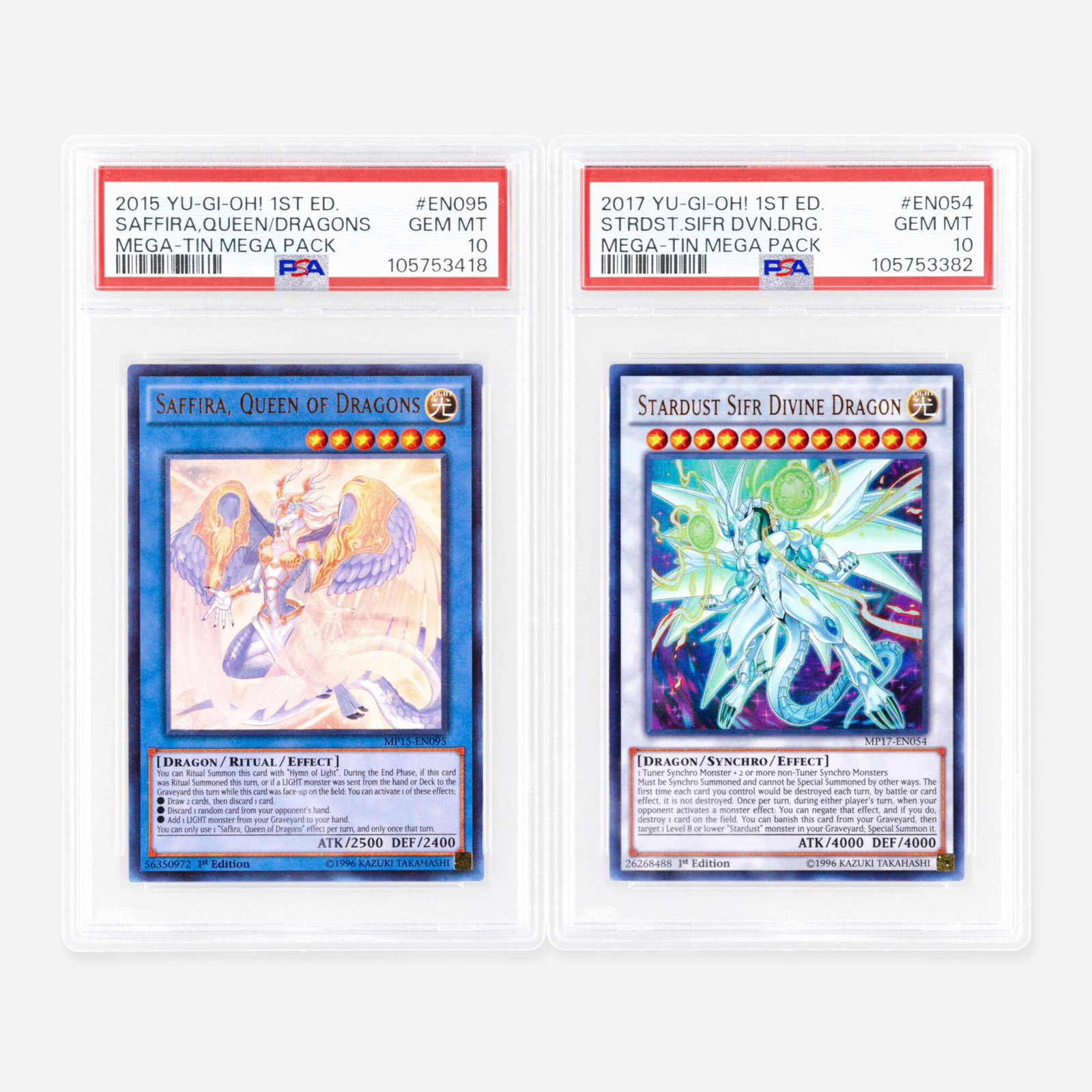 Yu-Gi-Oh! 1st Edition Mega-Tin Mega Pack Saffira Queen of Dragons Stardust Sifr Divine Dragon: Two 2015-17 Yu-Gi-Oh! 1st Edition Mega-Tin Mega Pack MP15-EN095 Saffira, Queen of Dragons and MP17-EN054 Stardust Sifr Divine Dragon PSA 10 Trading Card Group USA, 2015-17 2015 Yu-Gi-Oh! 1st Edition M